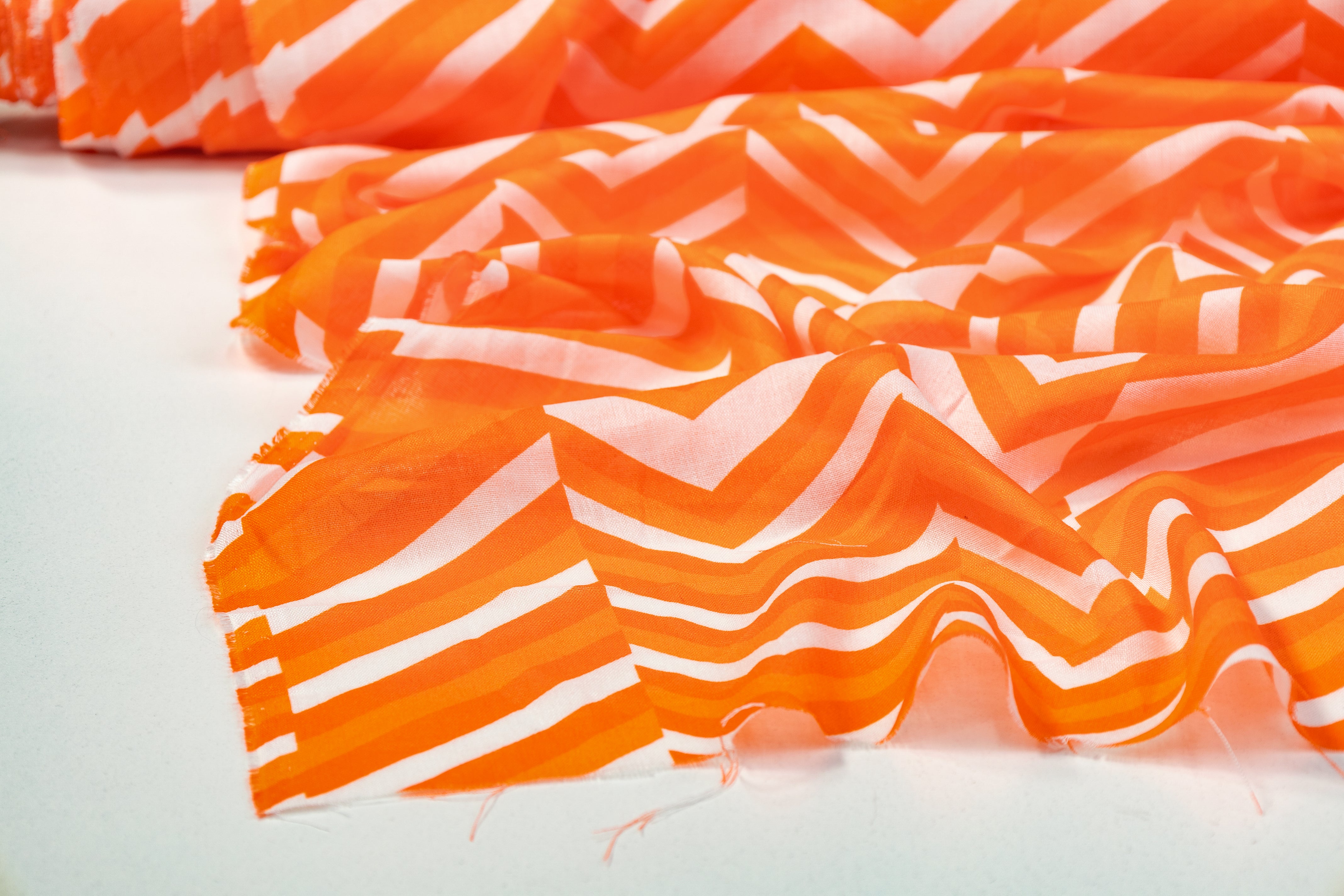 Chevron Printed Italian Sheer Linen - Orange / White
