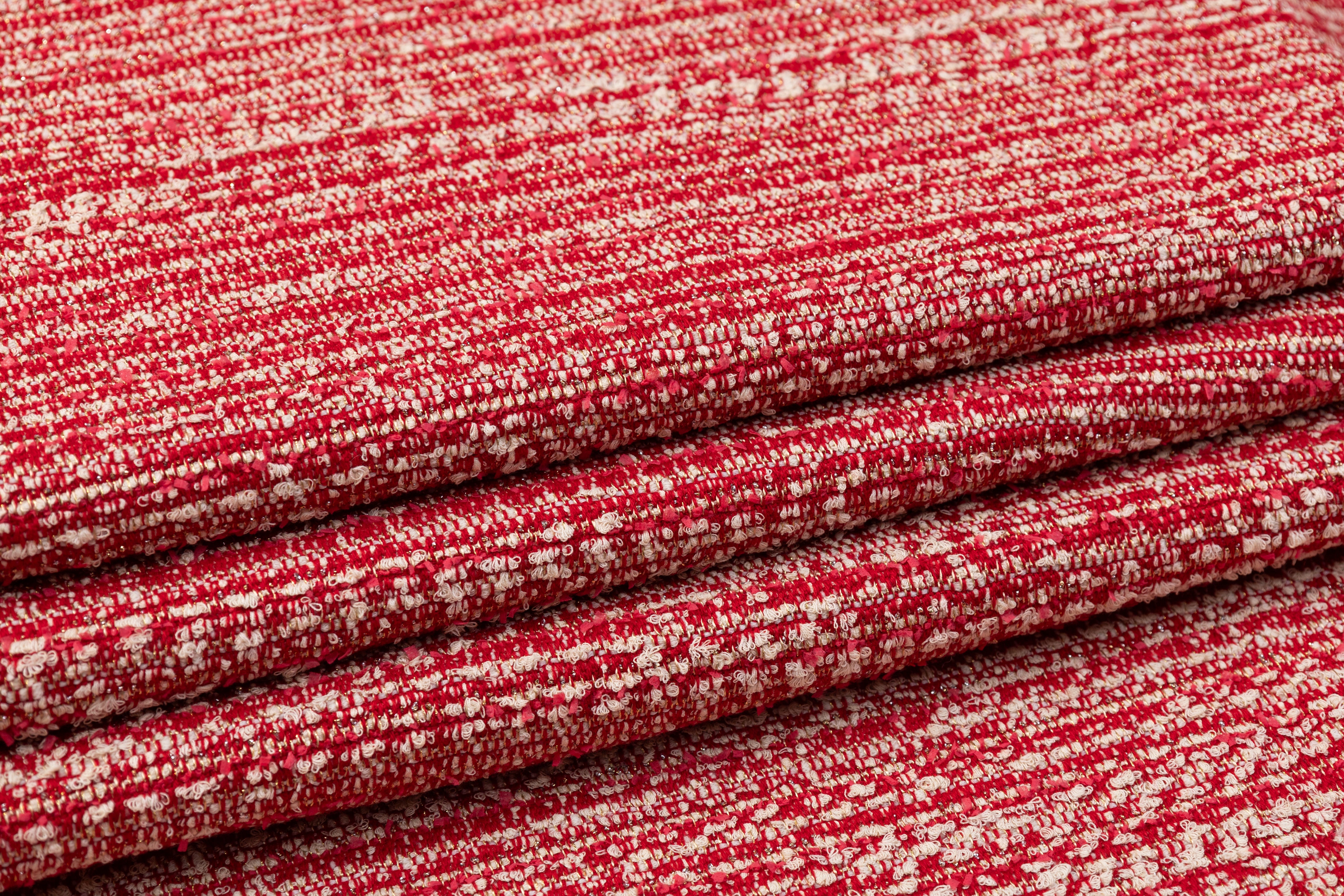 Metallic Italian Wool Blend Tweed Boucle - Red / Off White / Gold / Silver