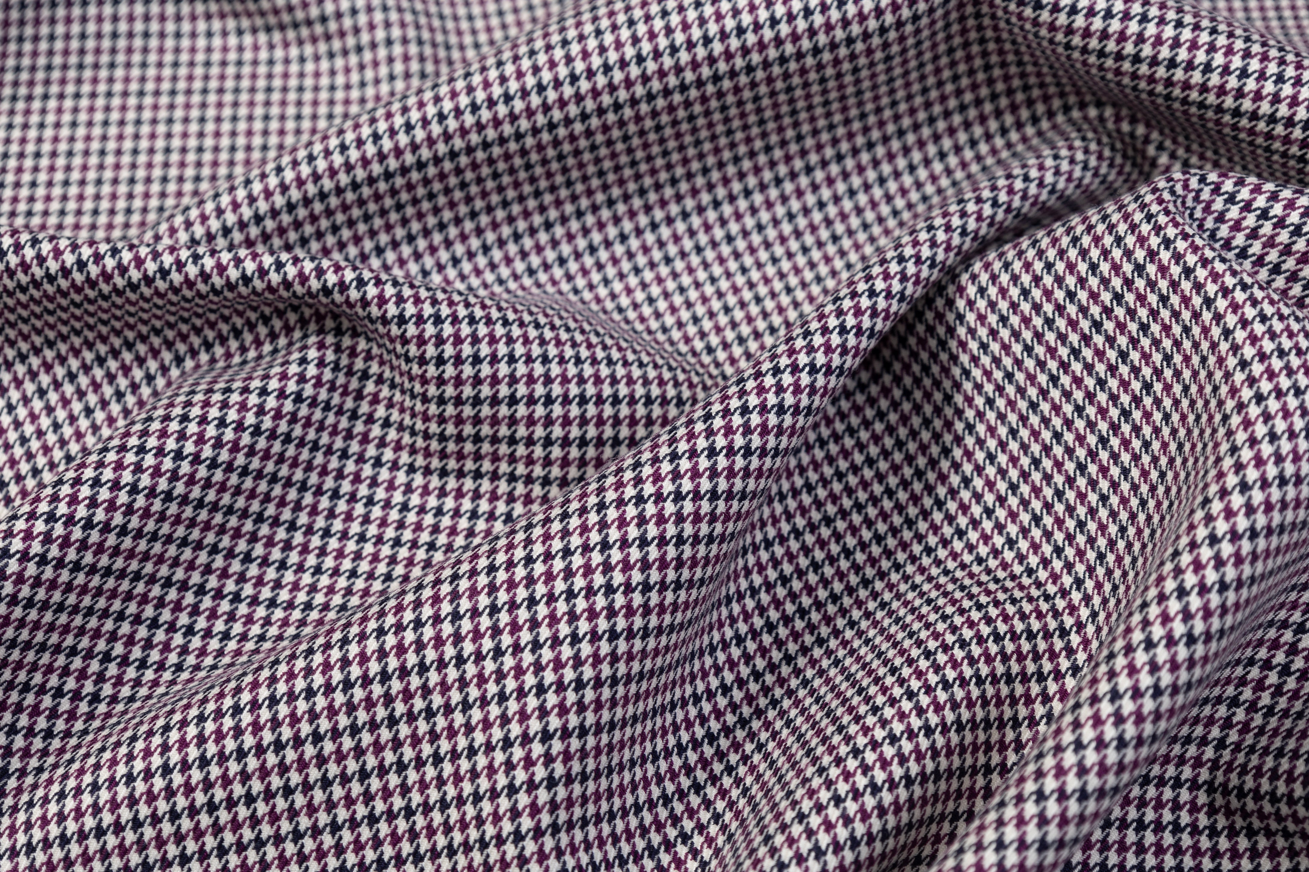 Houndstooth Italian Wool Viscose Suiting - Navy / Purple / White