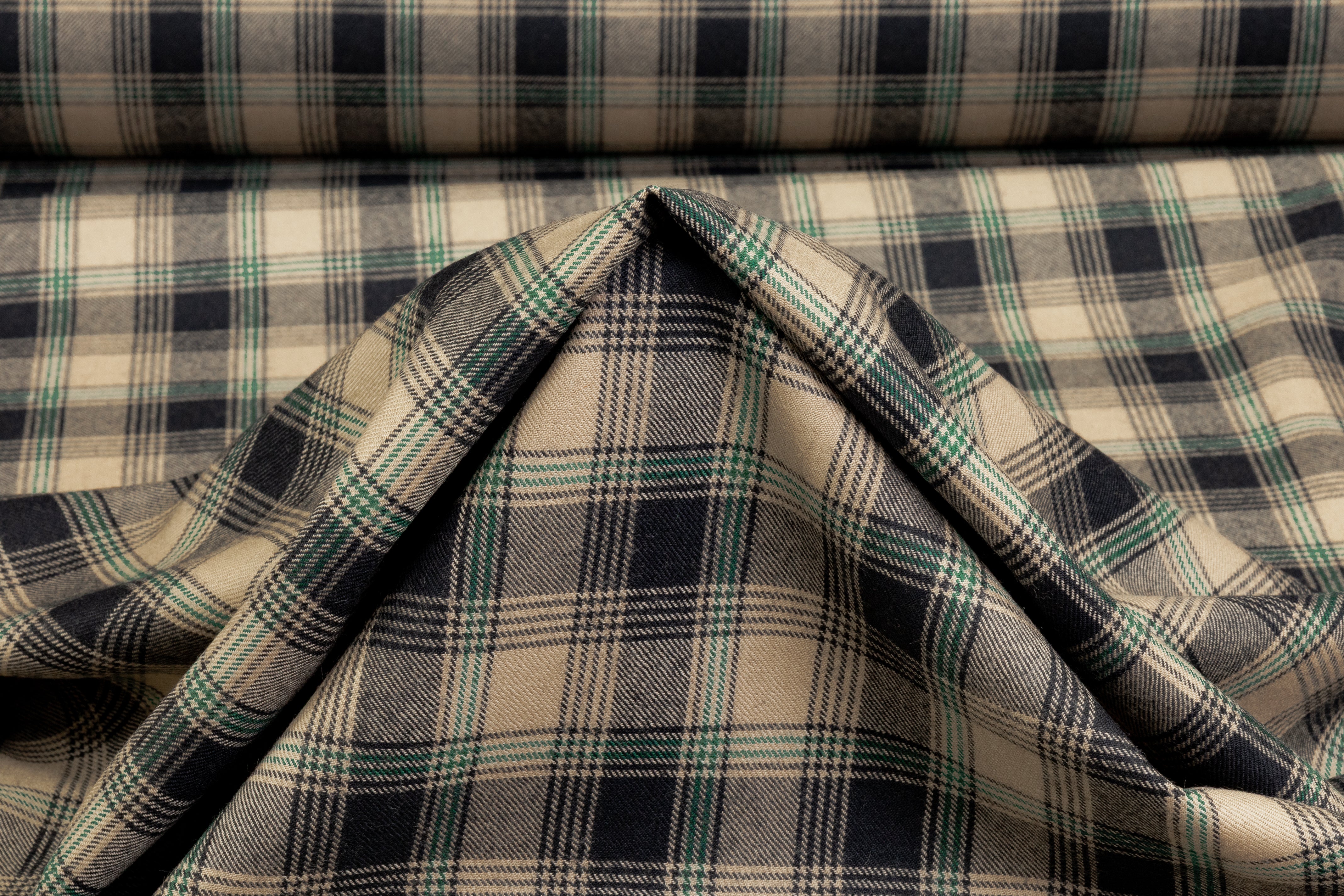 Checked Italian Wool Suiting - Tan / Black / Green