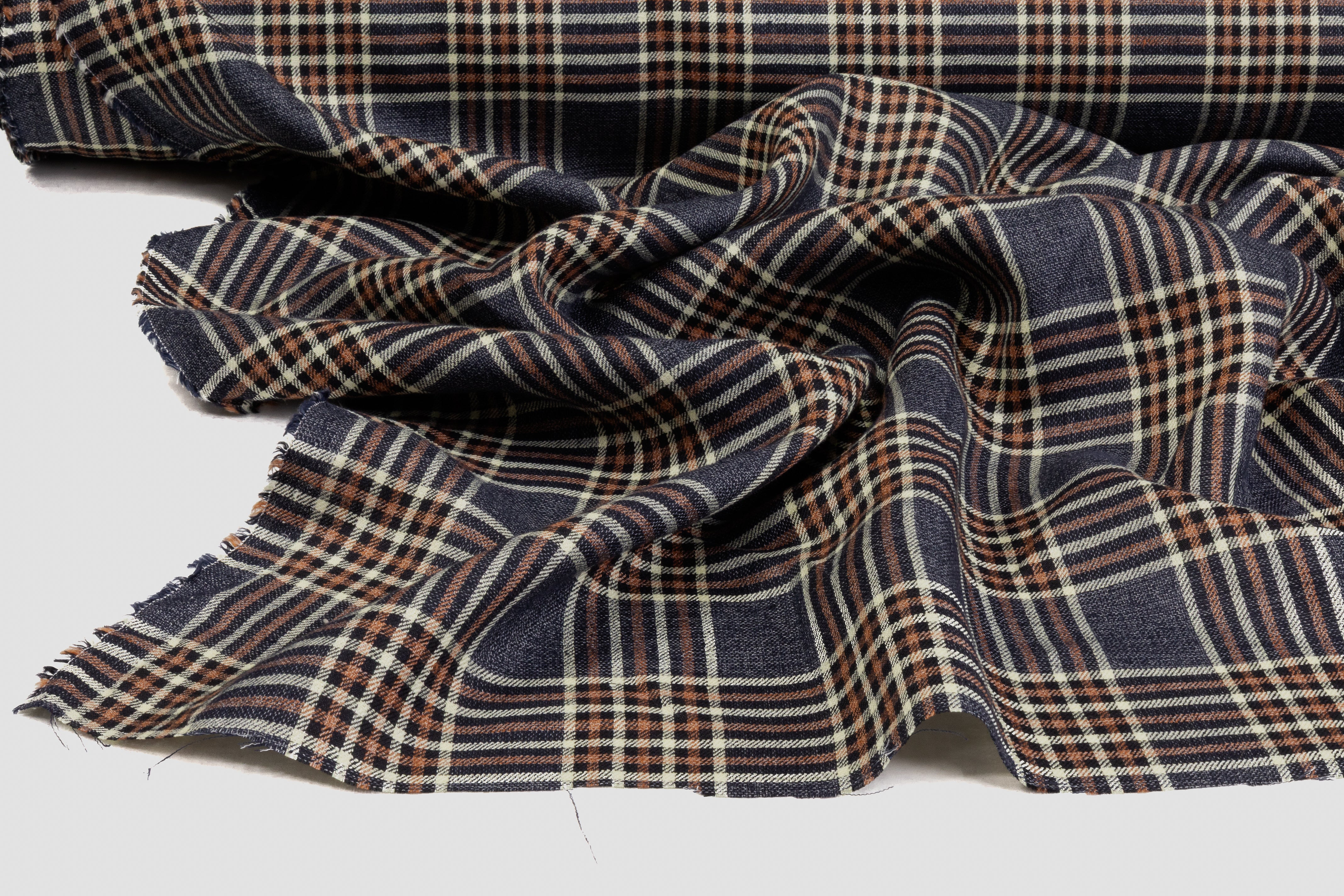 Checked Italian Silk Linen Blend - Denim Blue / Rust
