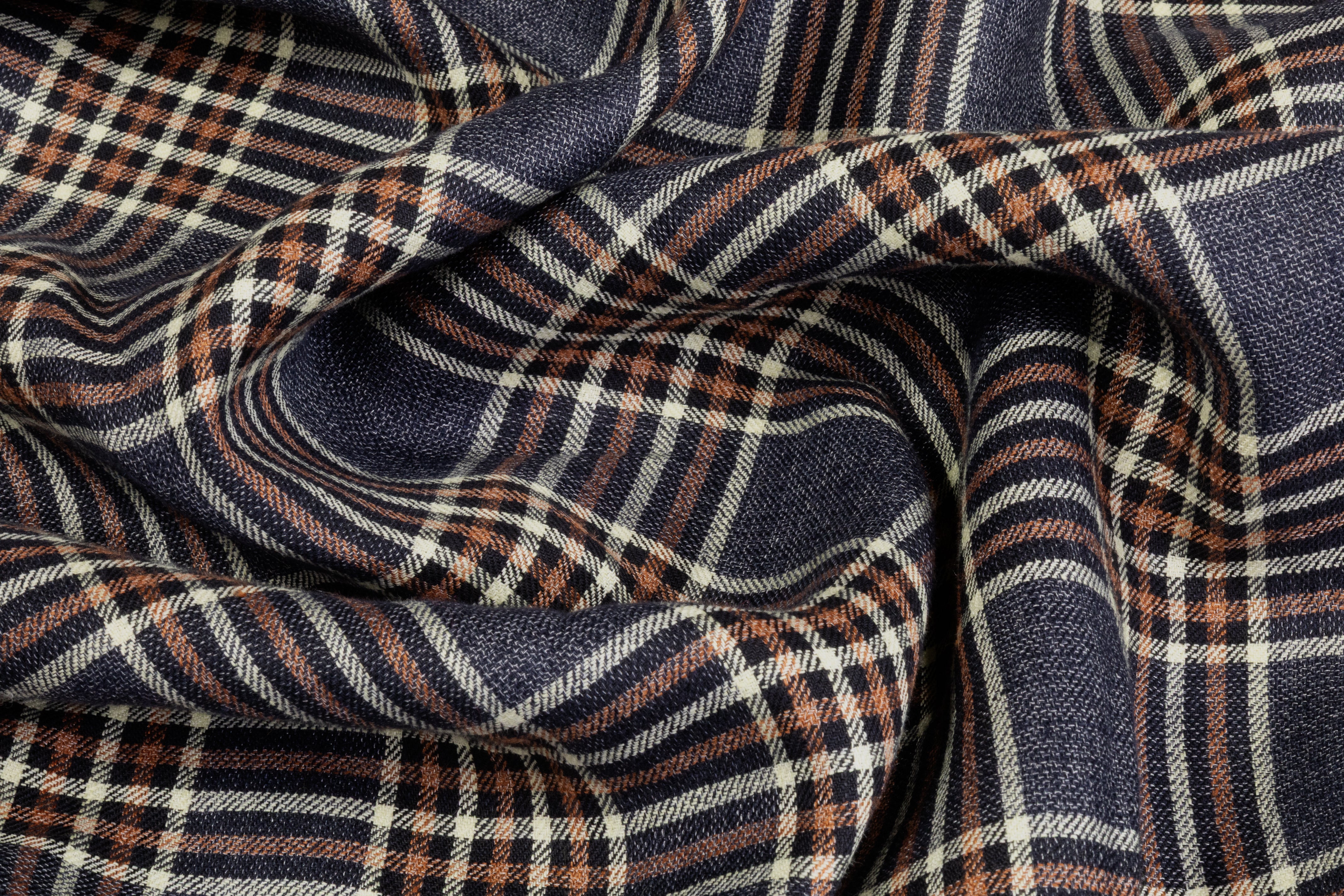 Checked Italian Silk Linen Blend - Denim Blue / Rust