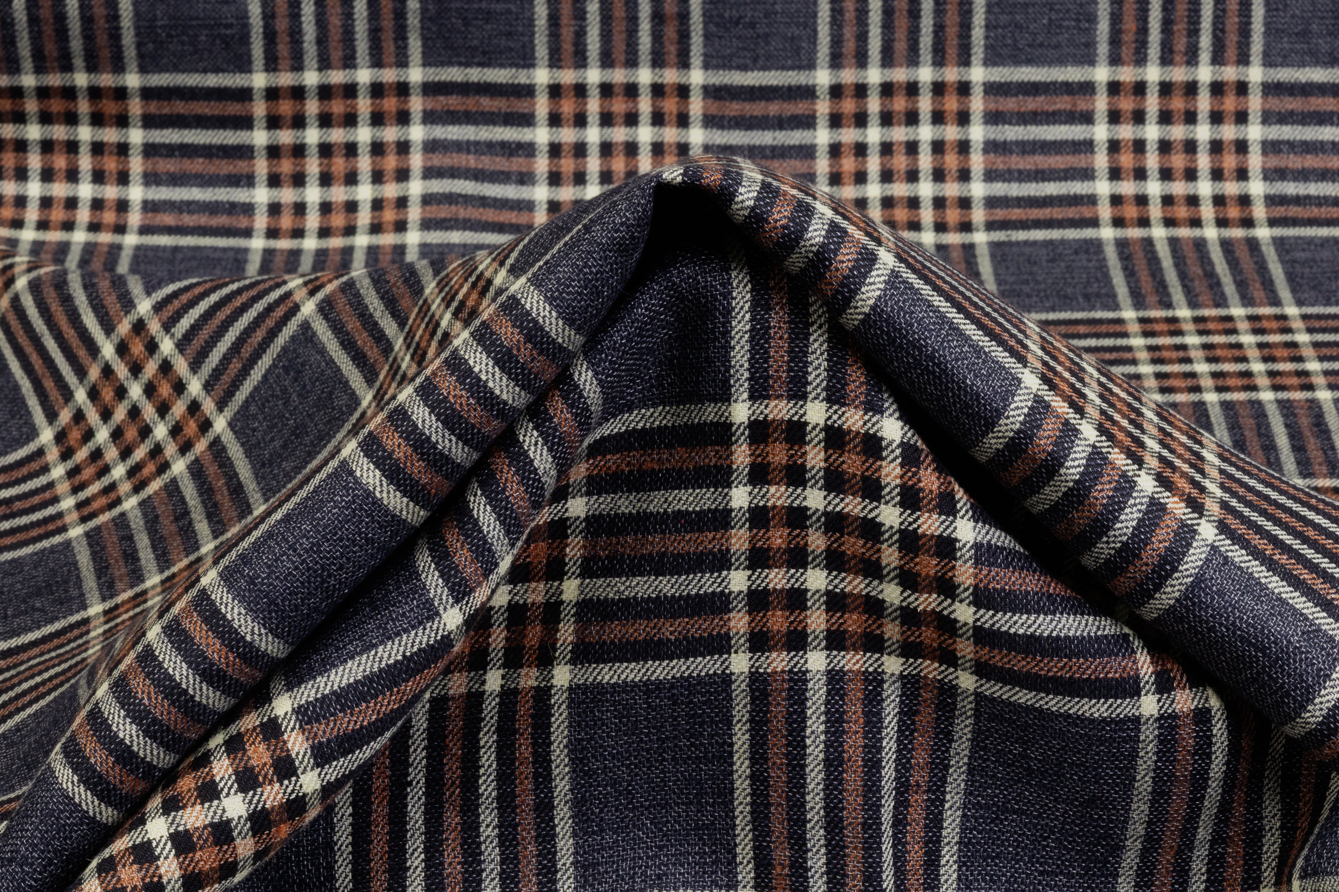 Checked Italian Silk Linen Blend - Denim Blue / Rust