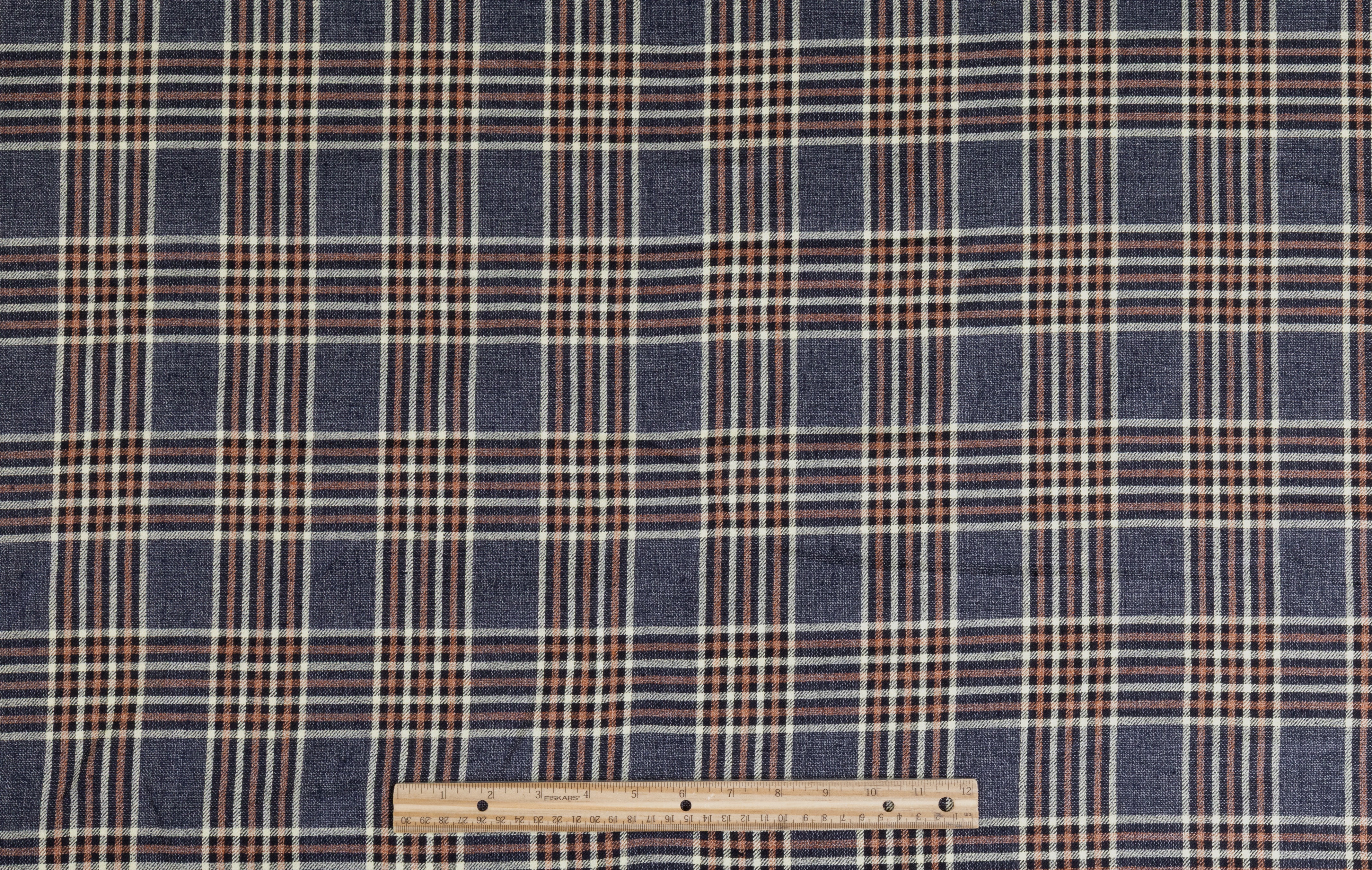 Checked Italian Silk Linen Blend - Denim Blue / Rust