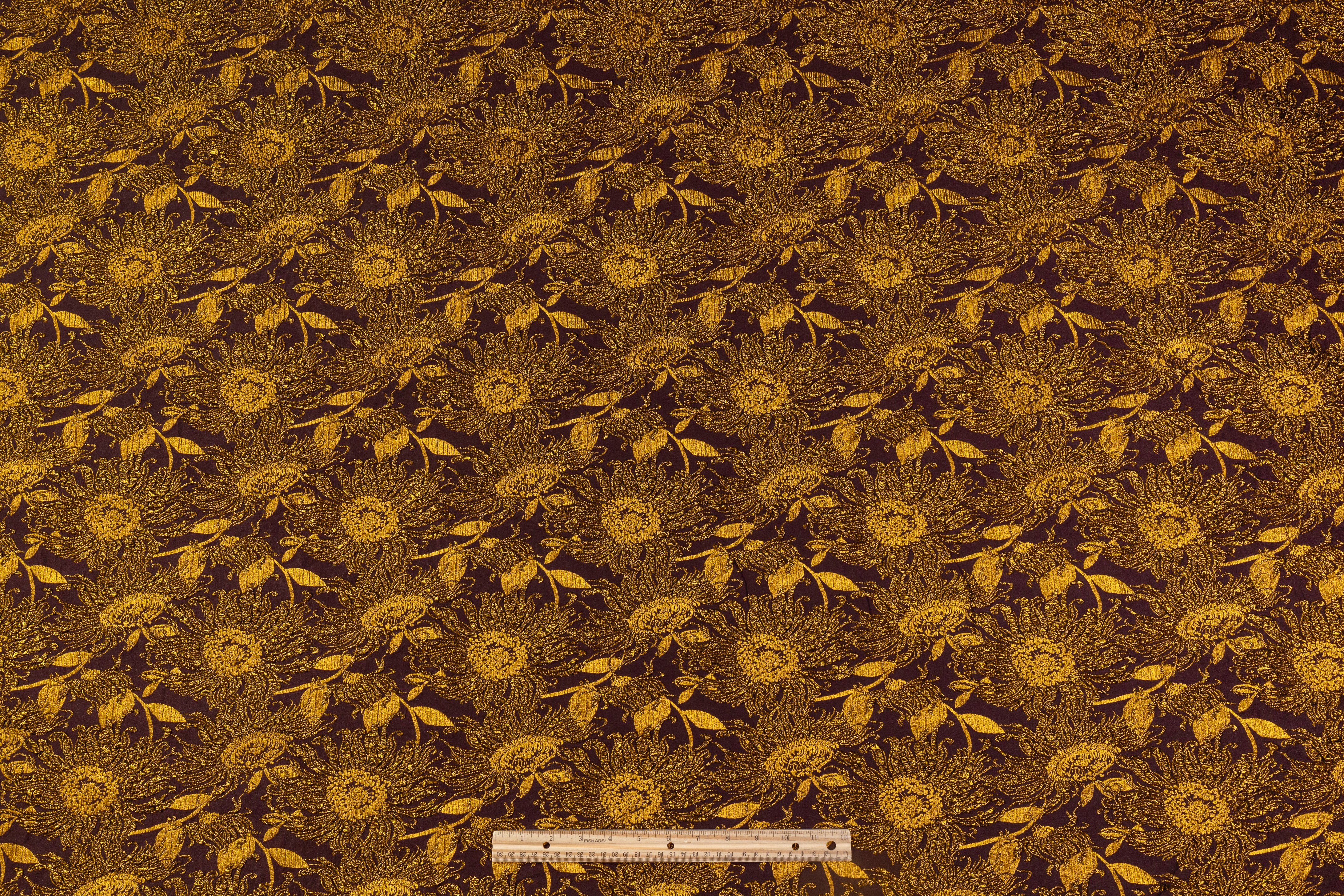 Floral Metallic Stretch Brocade - Gold / Aubergine