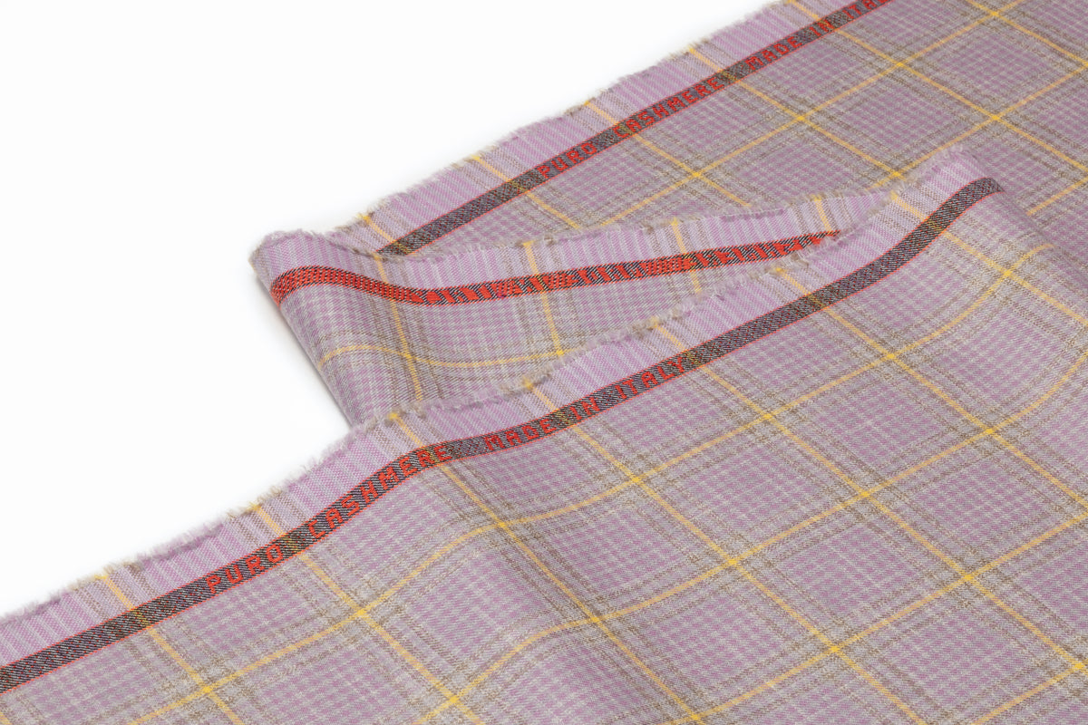Checked Italian Pure Cashmere Suiting - Lavender / Yellow
