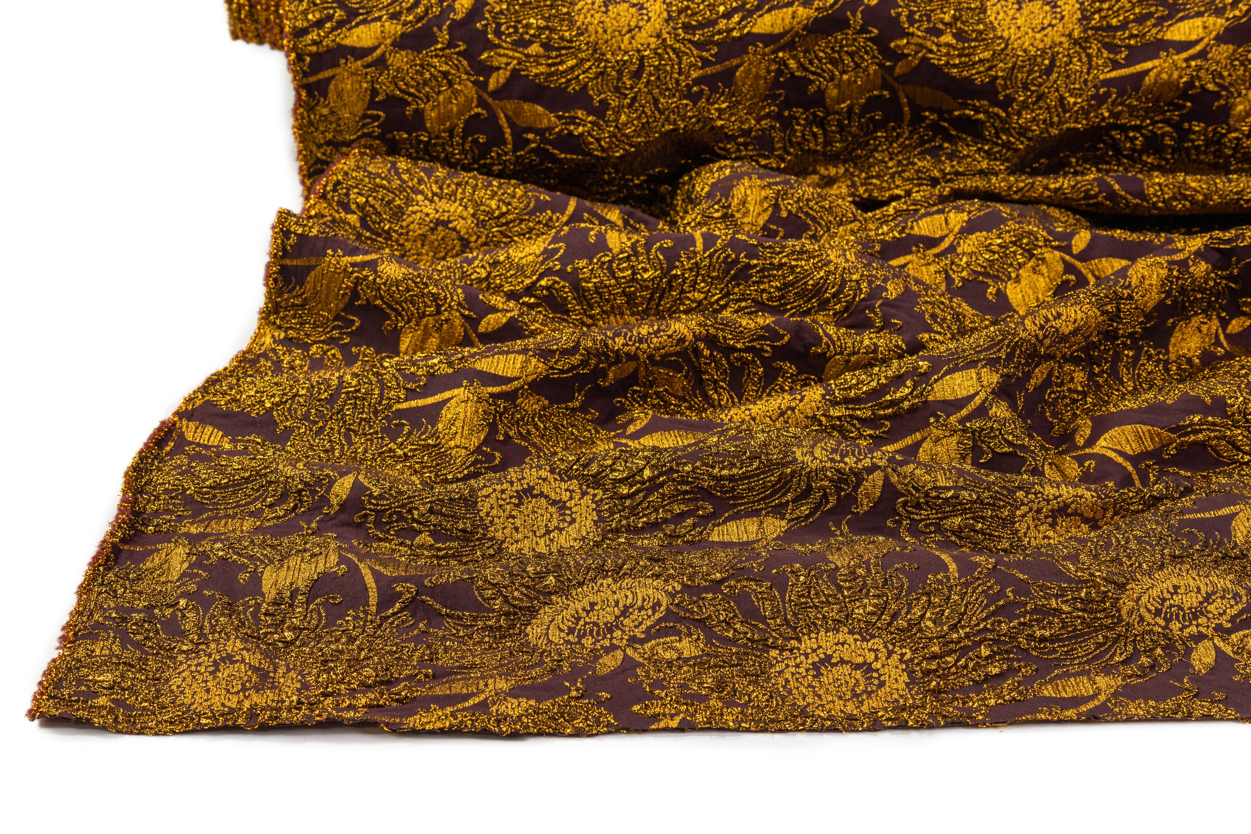 Floral Metallic Stretch Brocade - Gold / Aubergine