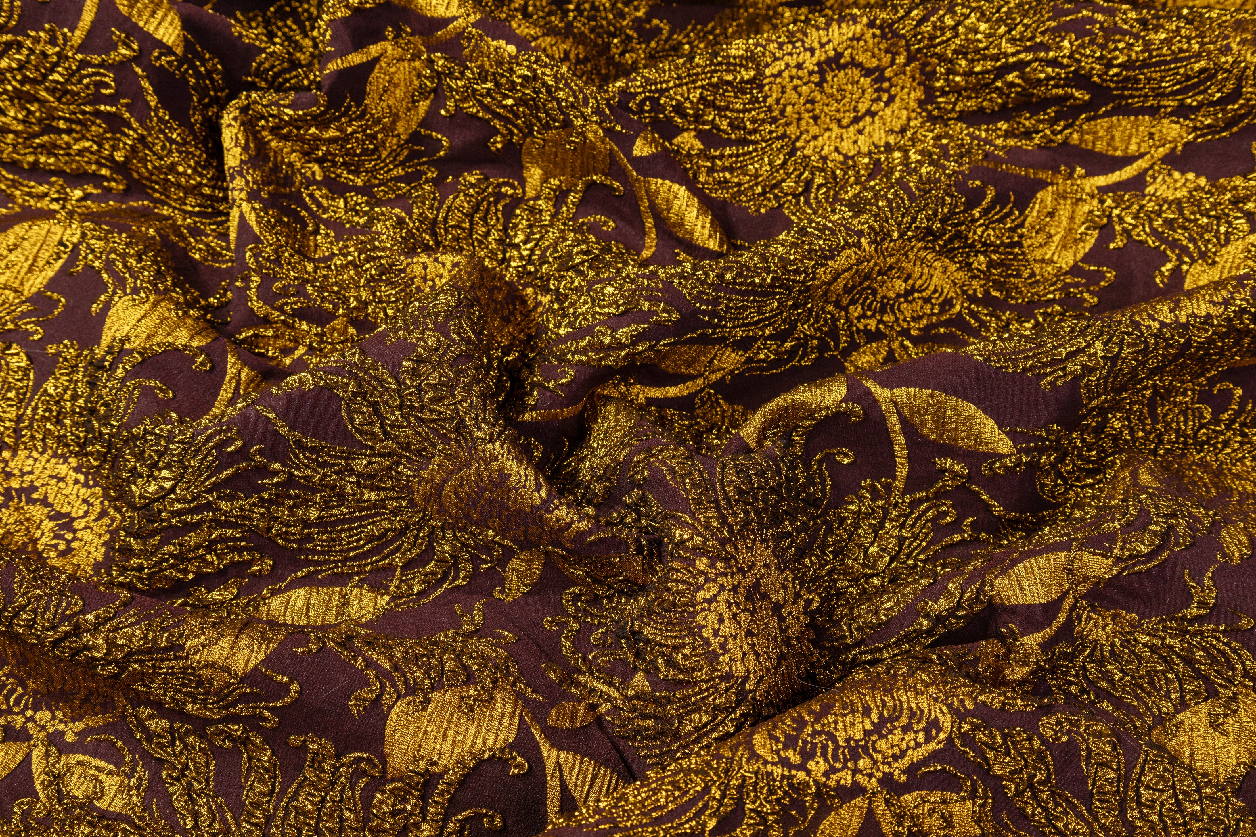 Floral Metallic Stretch Brocade - Gold / Aubergine