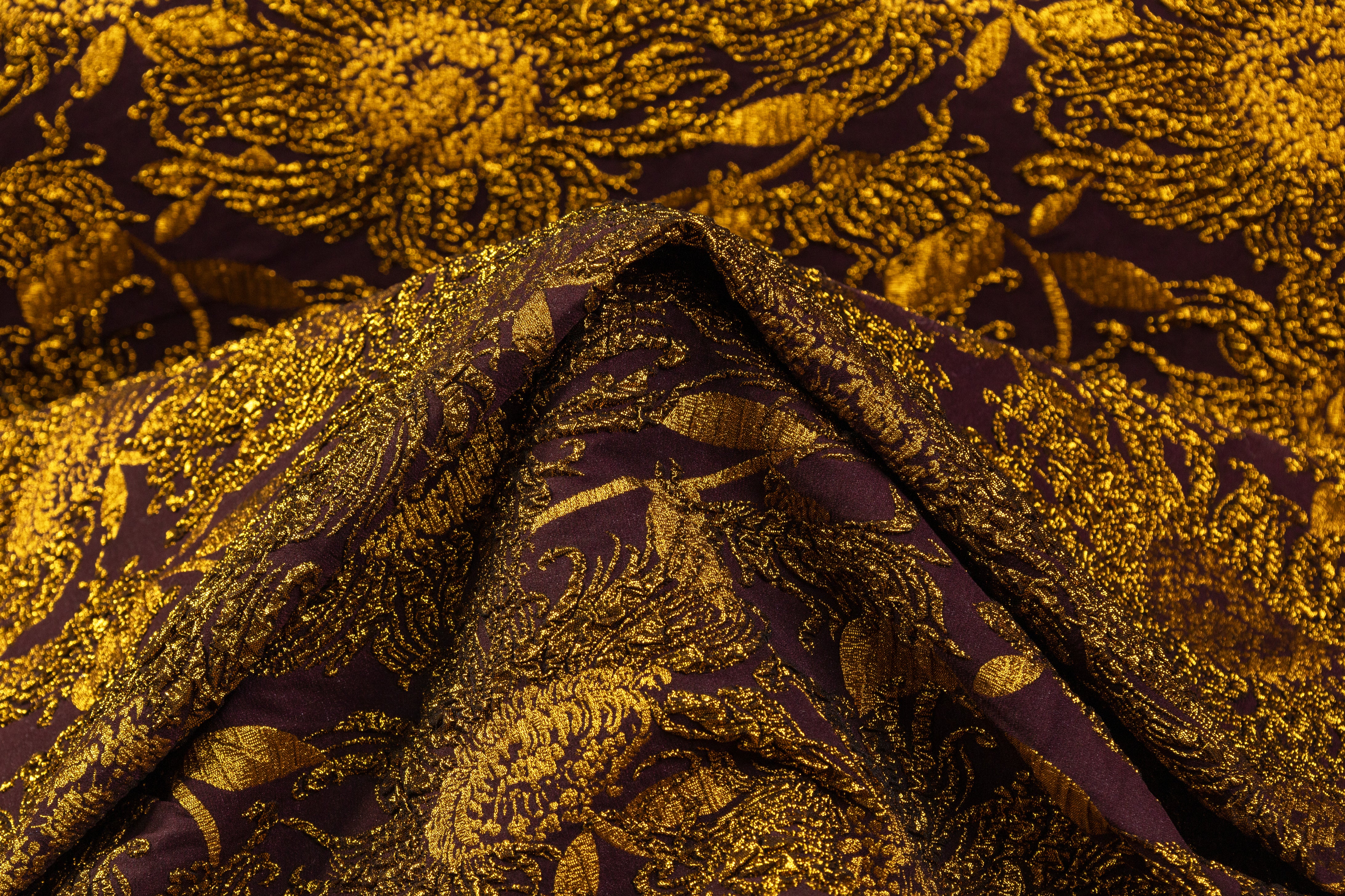 Floral Metallic Stretch Brocade - Gold / Aubergine