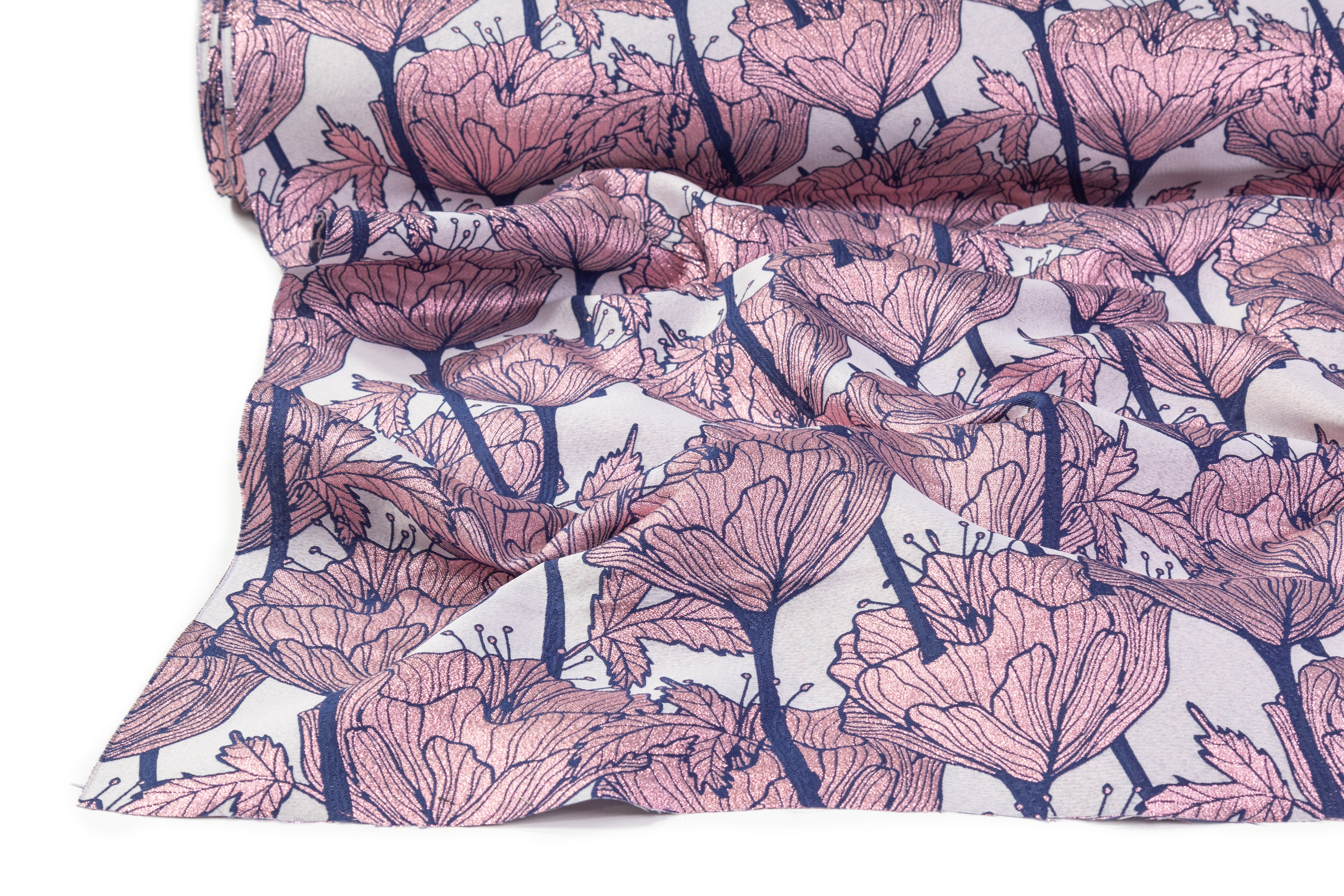 Floral Metallic Italian Brocade - Navy / Pink