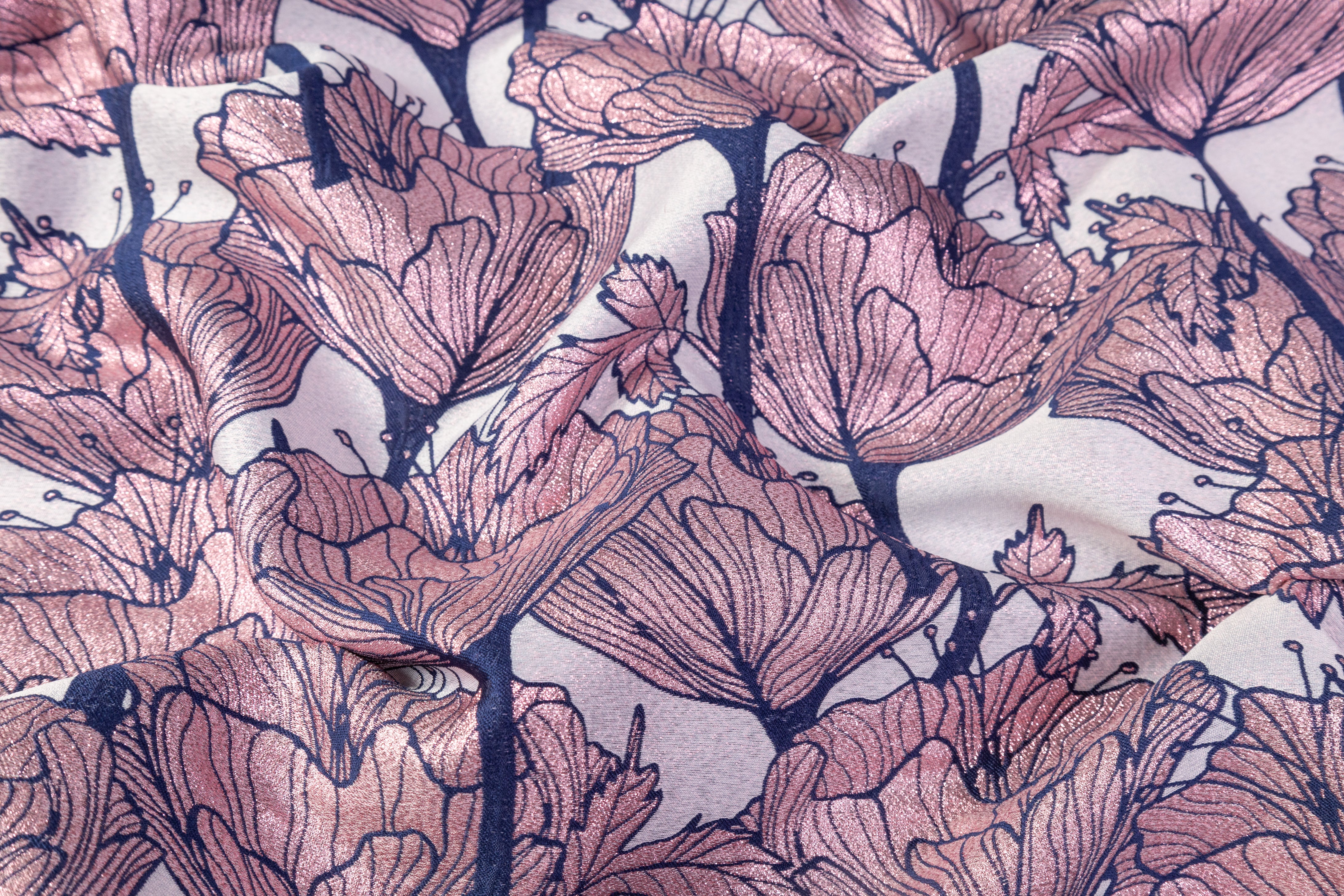 Floral Metallic Italian Brocade - Navy / Pink