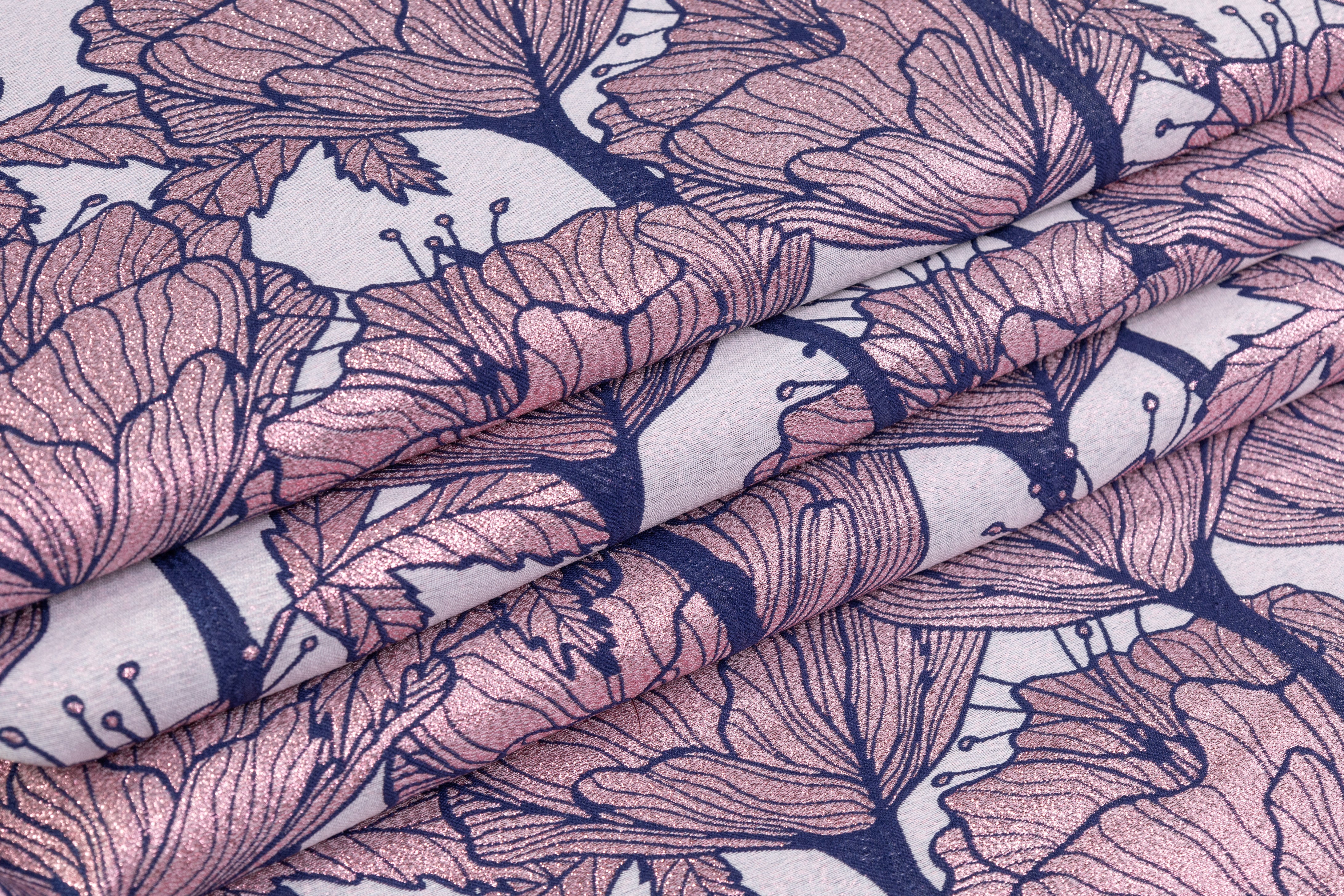 Floral Metallic Italian Brocade - Navy / Pink