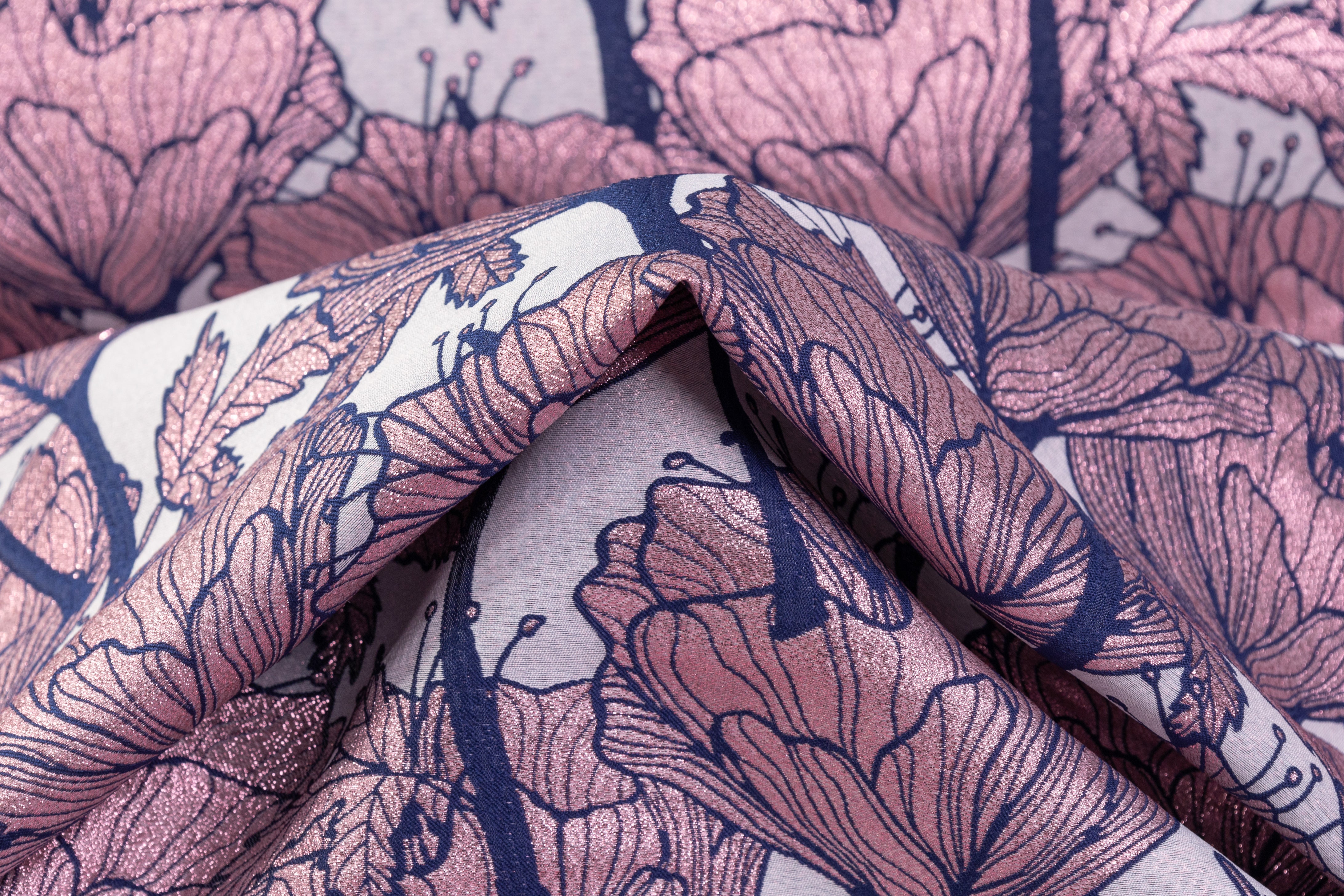 Floral Metallic Italian Brocade - Navy / Pink