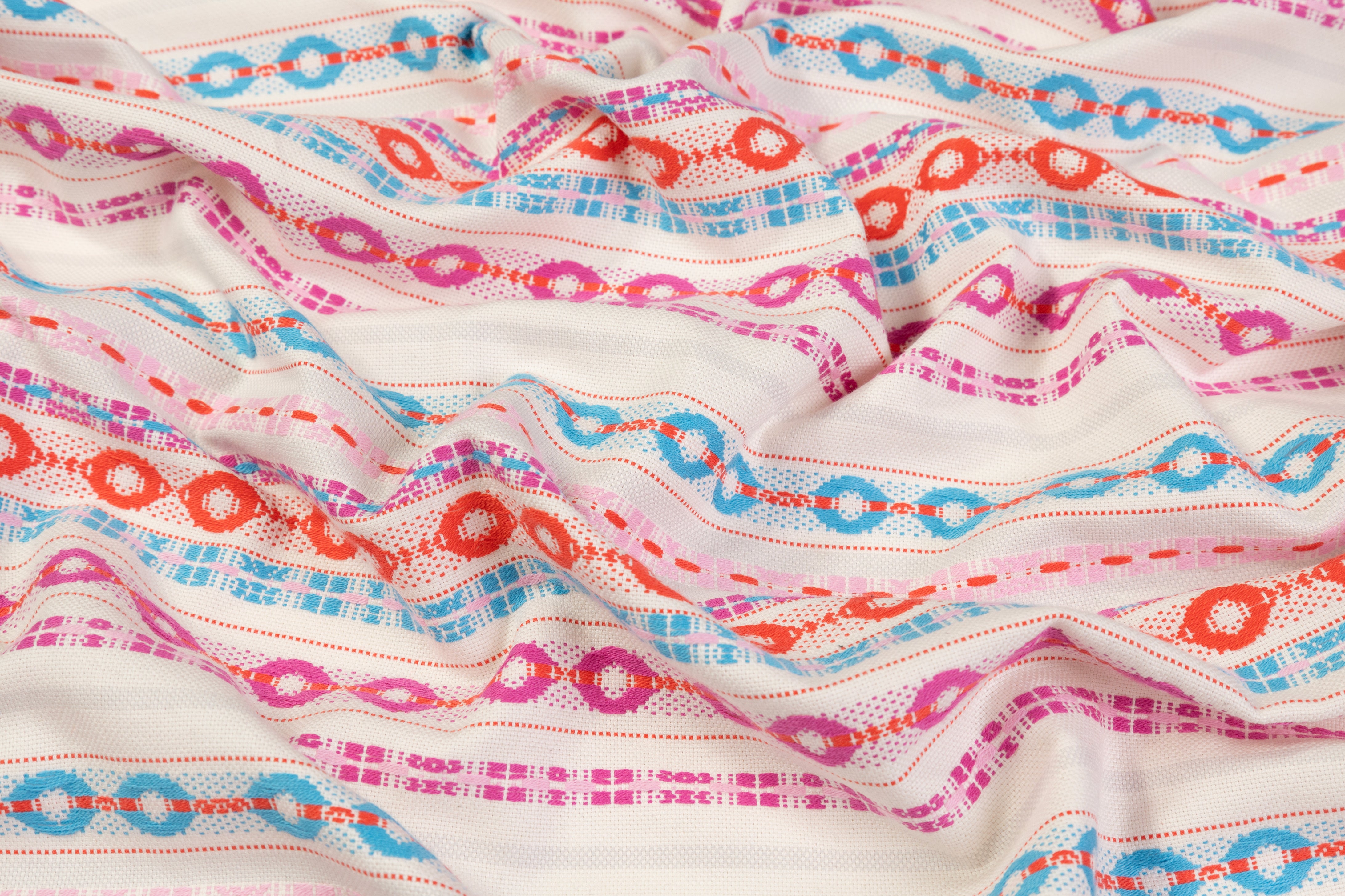 Geometric Striped Italian Cotton Brocade - White / Multicolor