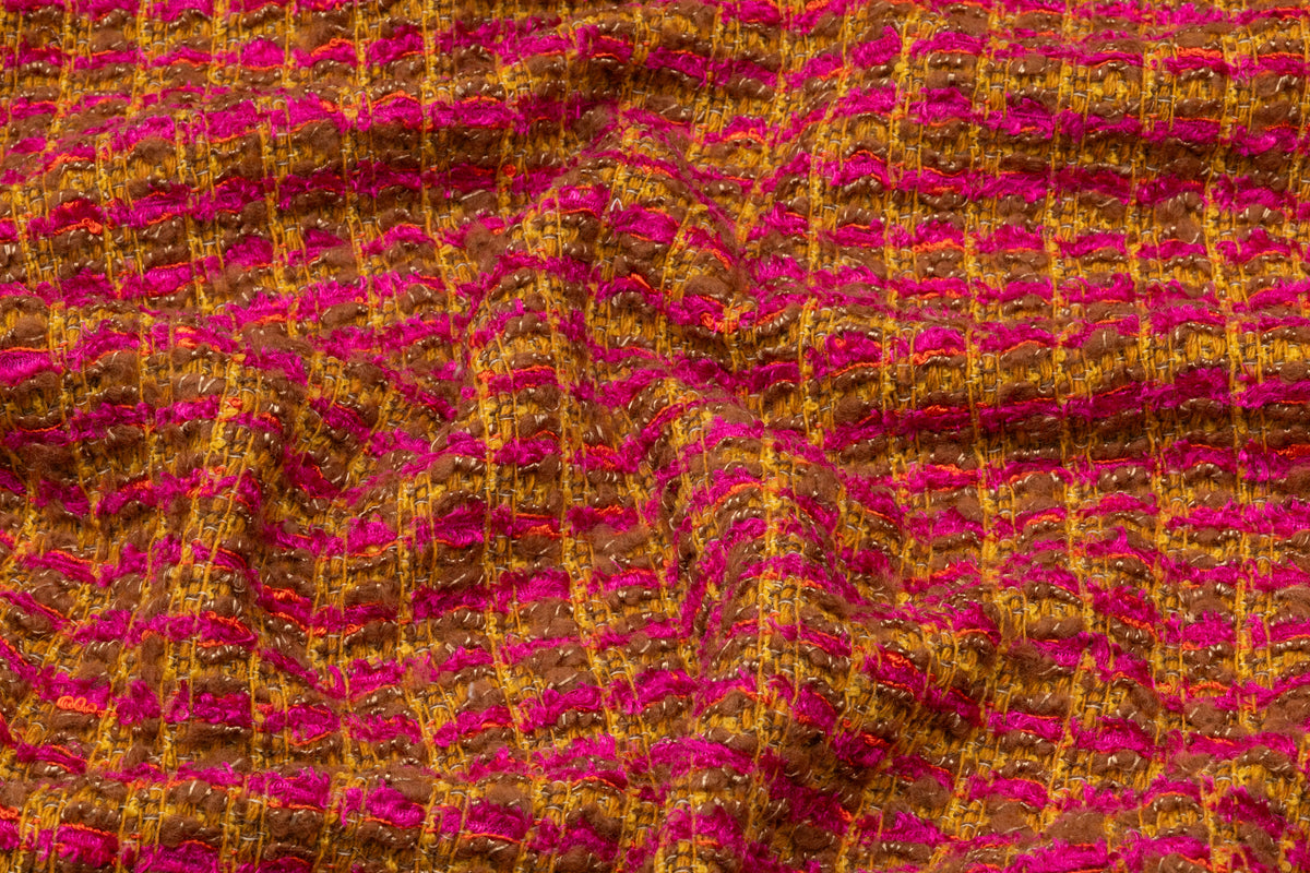 Checked Italian Wool Blend Tweed - Brown / Fuchsia