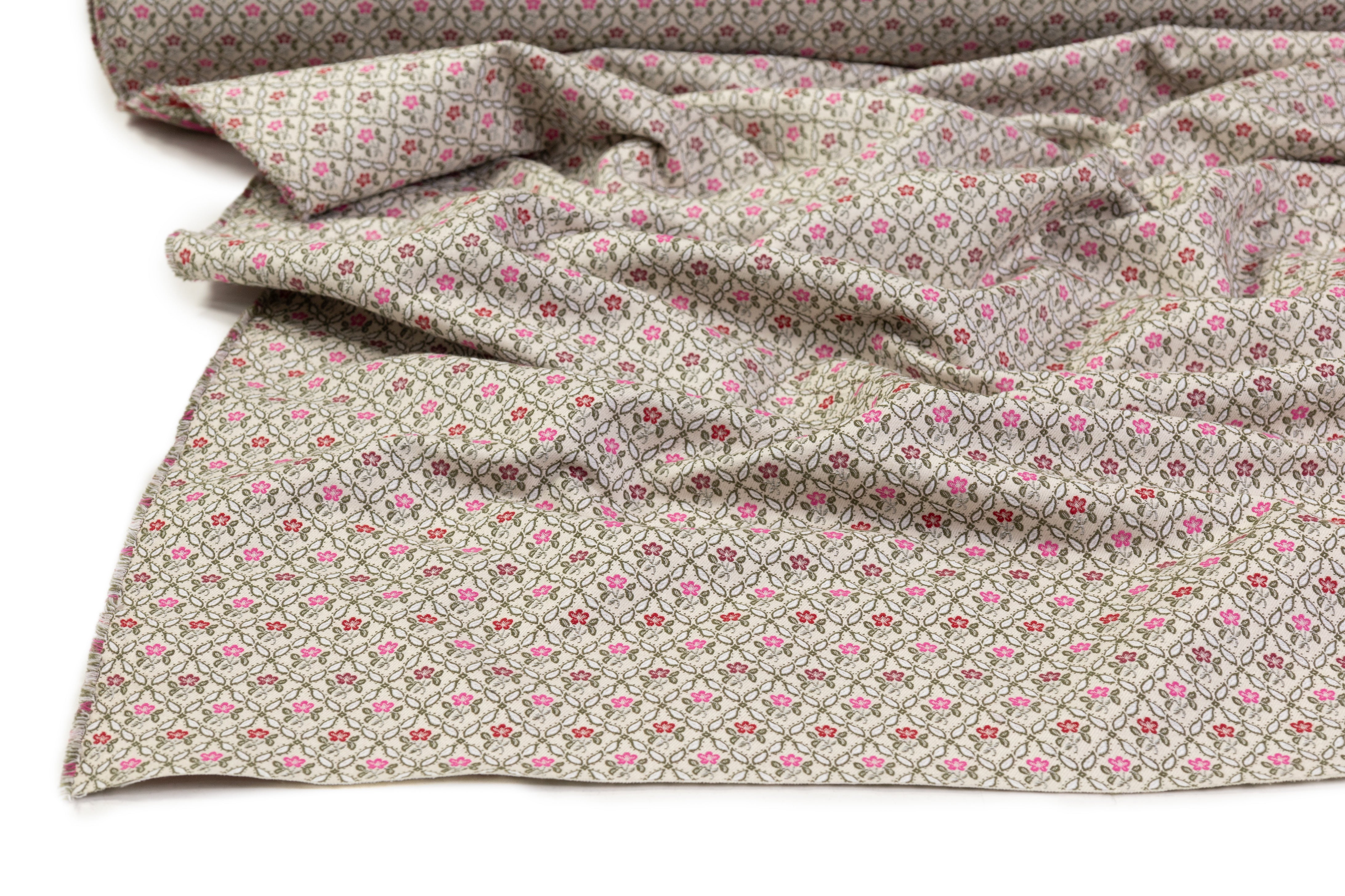 Floral Italian Poly Cotton Brocade - Off White / Green / Pink