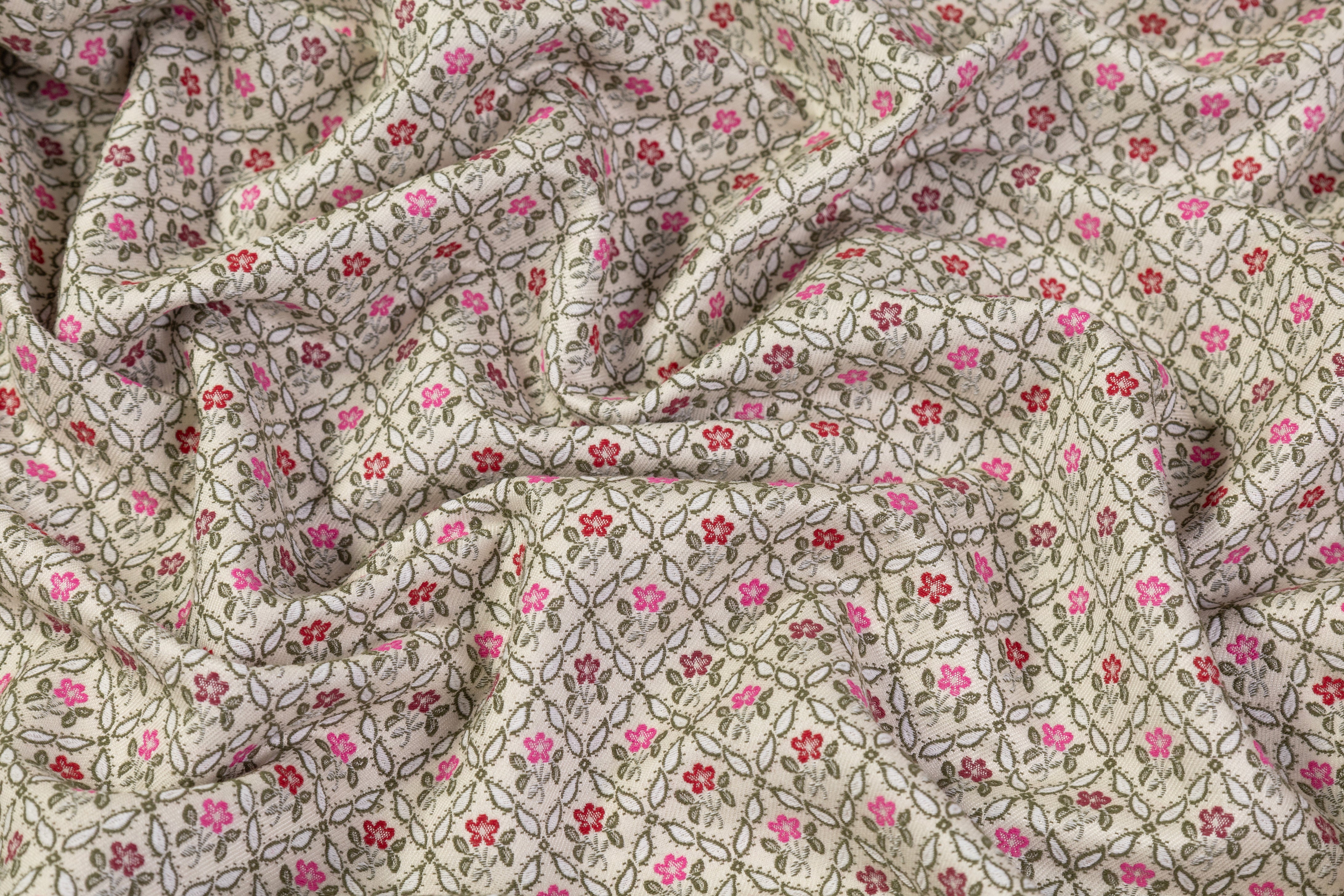 Floral Italian Poly Cotton Brocade - Off White / Green / Pink