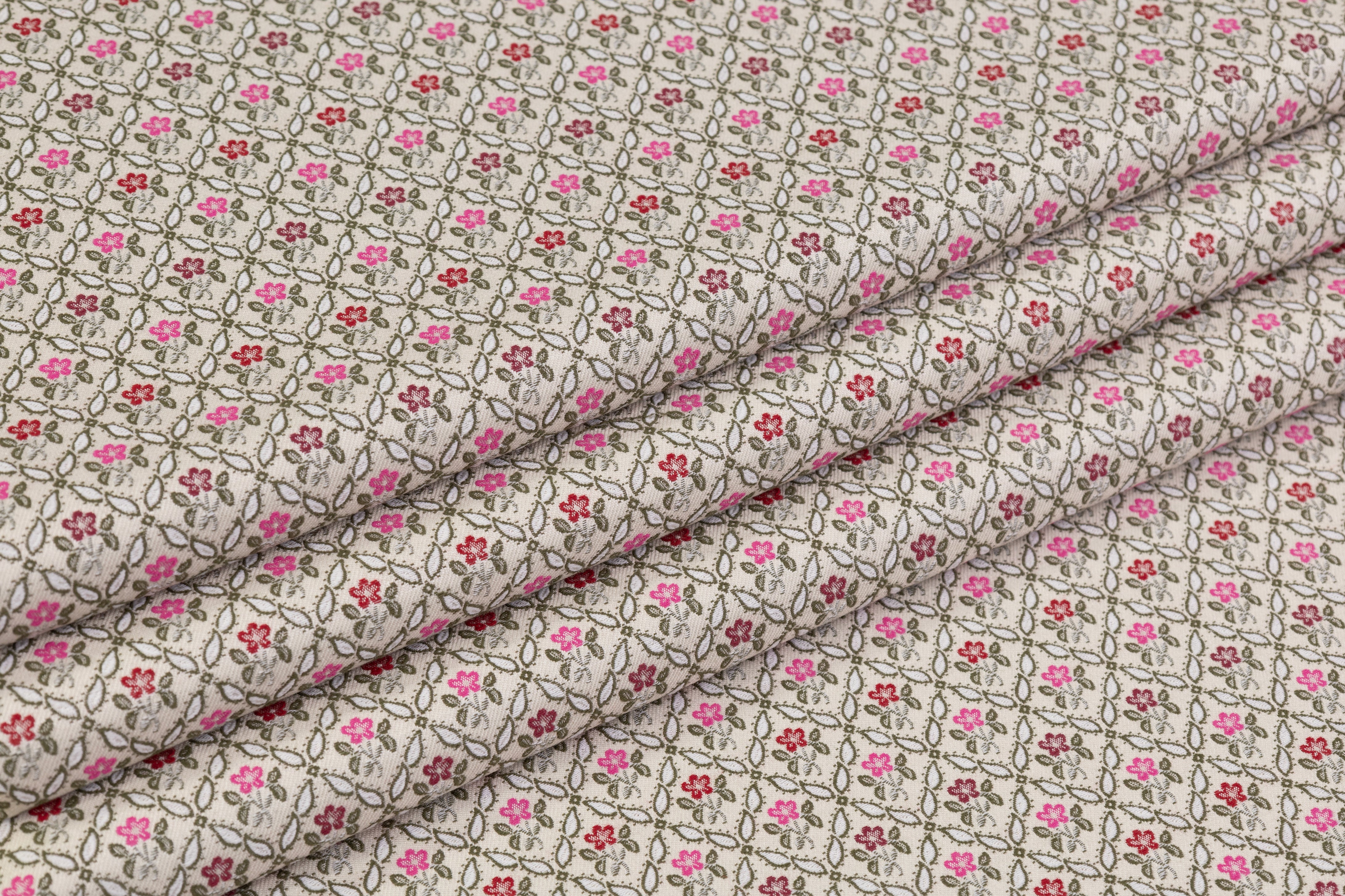 Floral Italian Poly Cotton Brocade - Off White / Green / Pink