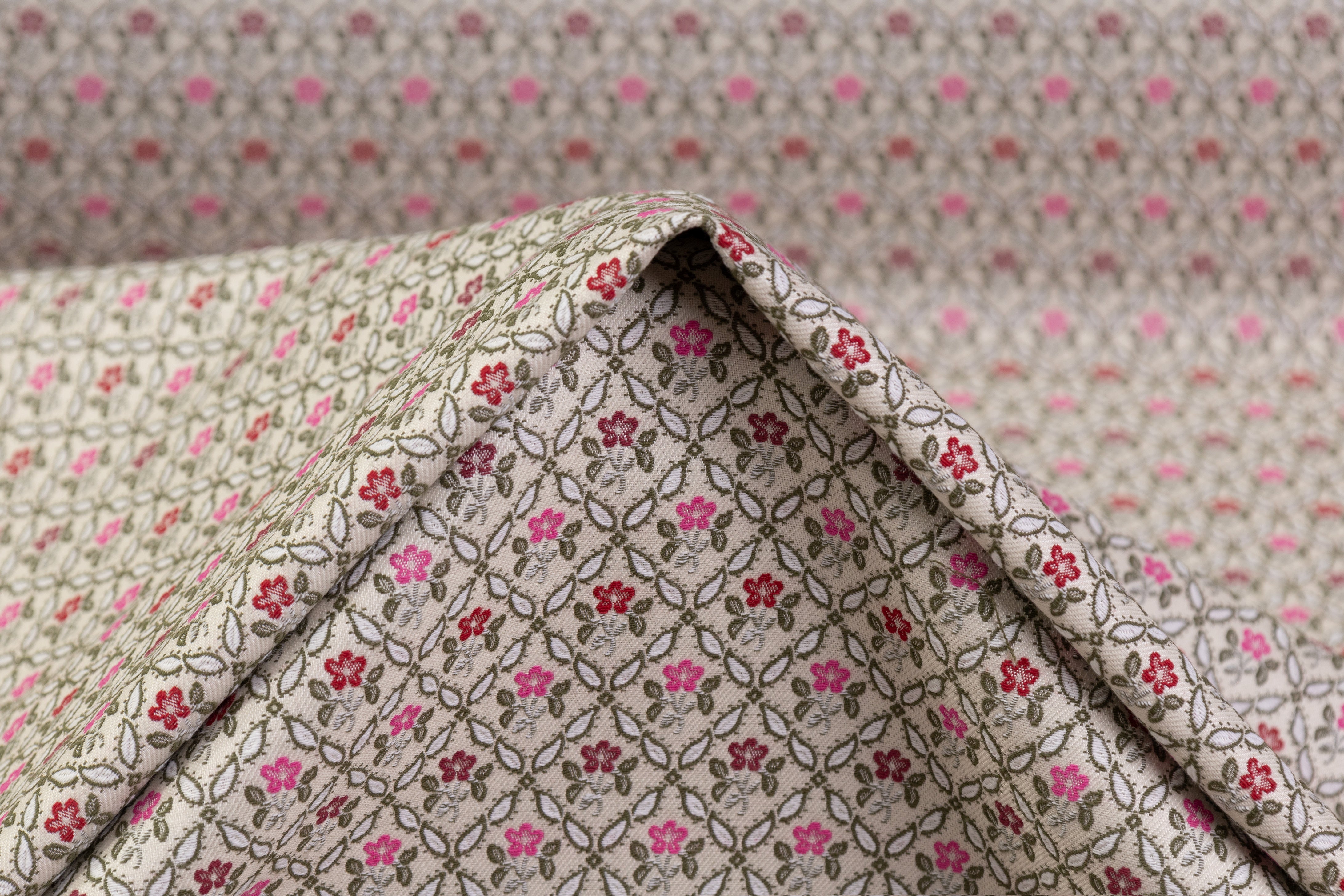 Floral Italian Poly Cotton Brocade - Off White / Green / Pink