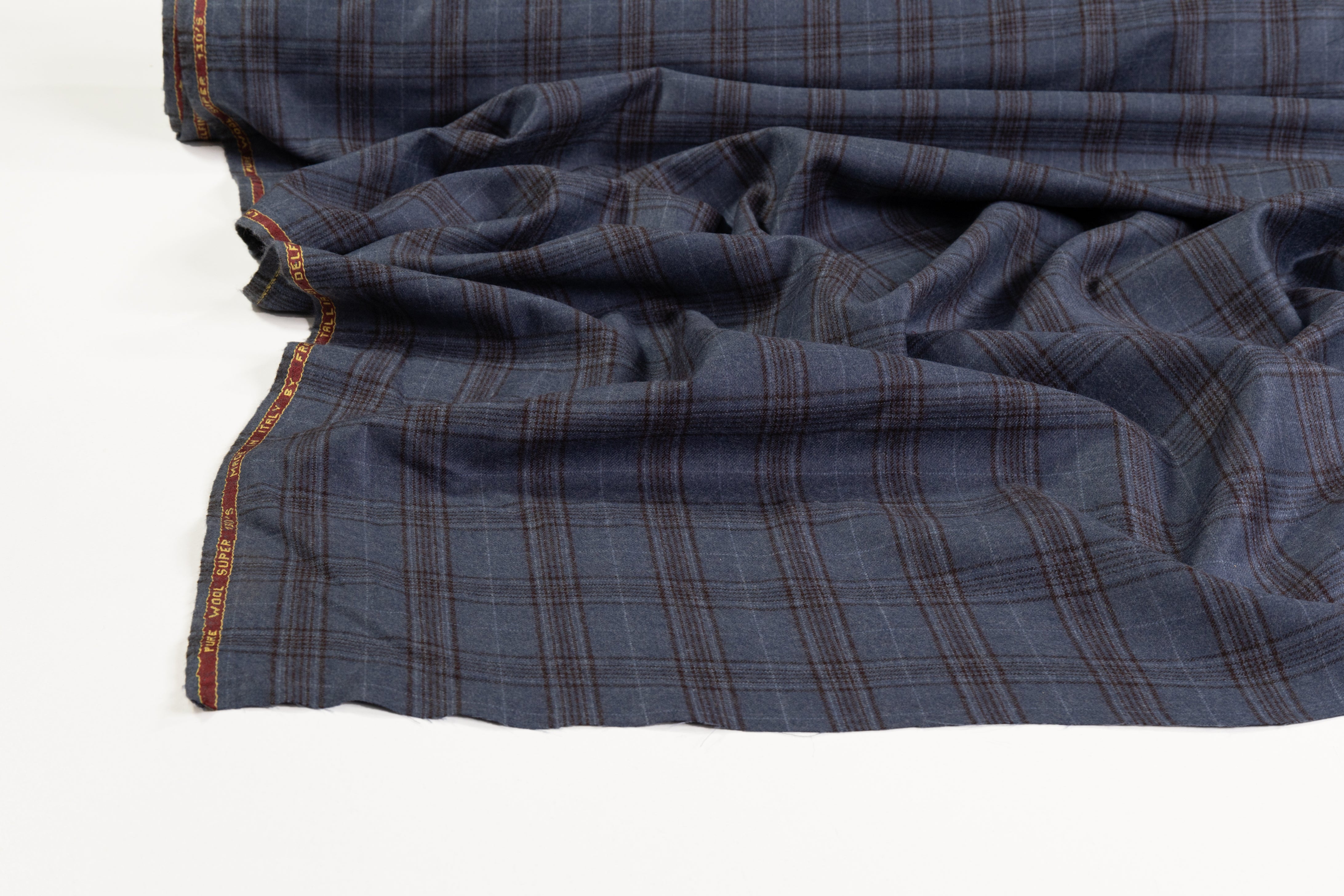 Checked Italian Super 130s Wool Flannel - Slate Blue / Brown