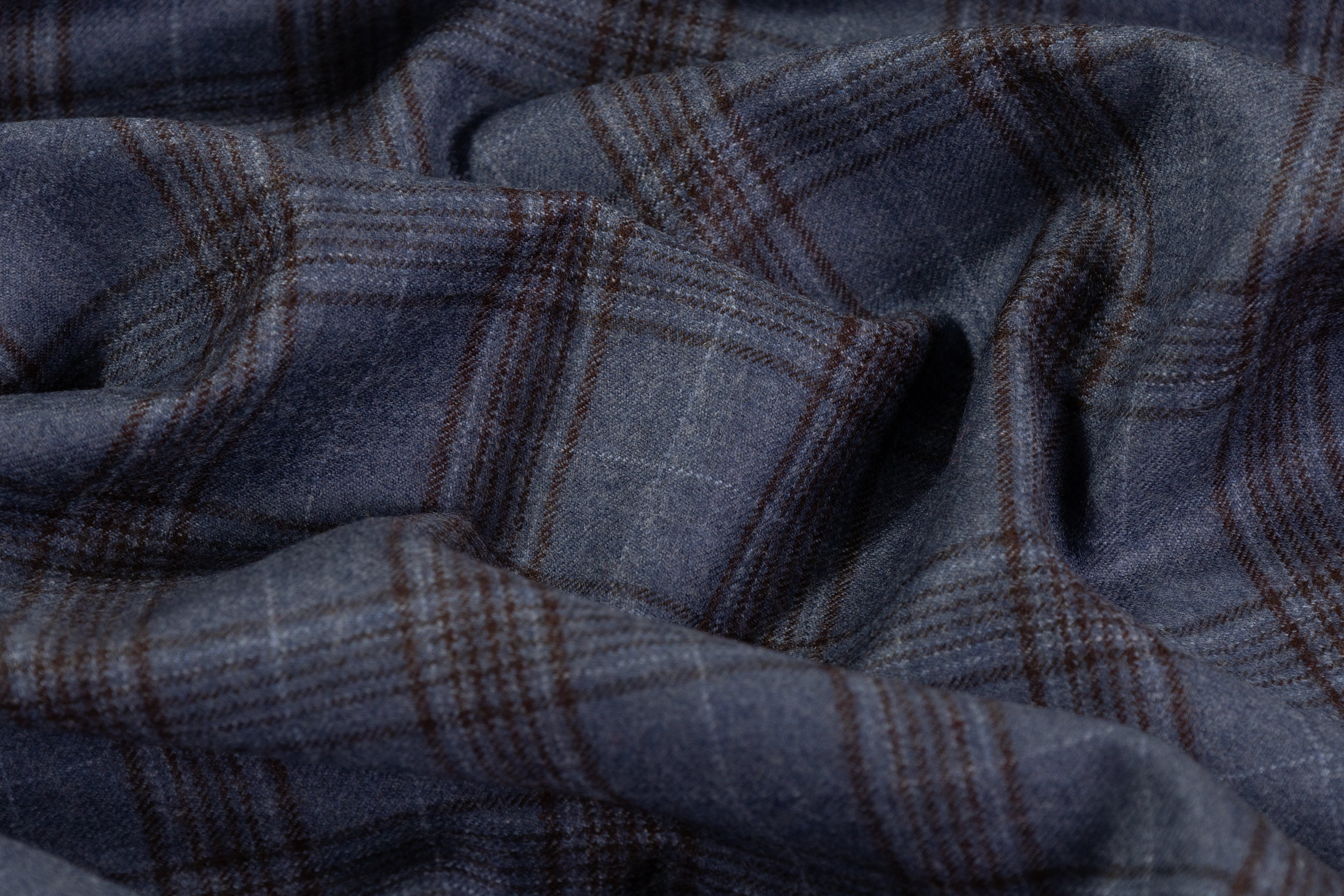 Checked Italian Super 130s Wool Flannel - Slate Blue / Brown