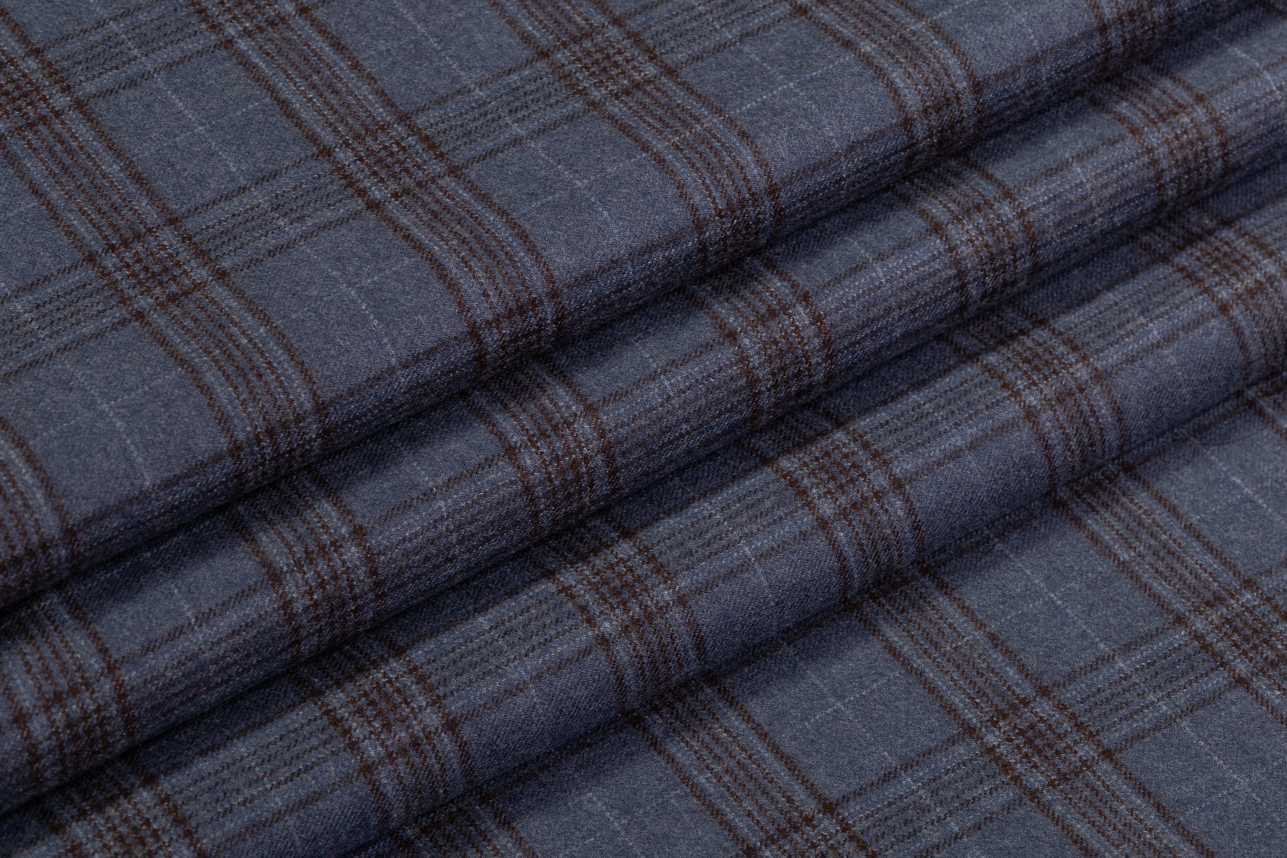 Checked Italian Super 130s Wool Flannel - Slate Blue / Brown