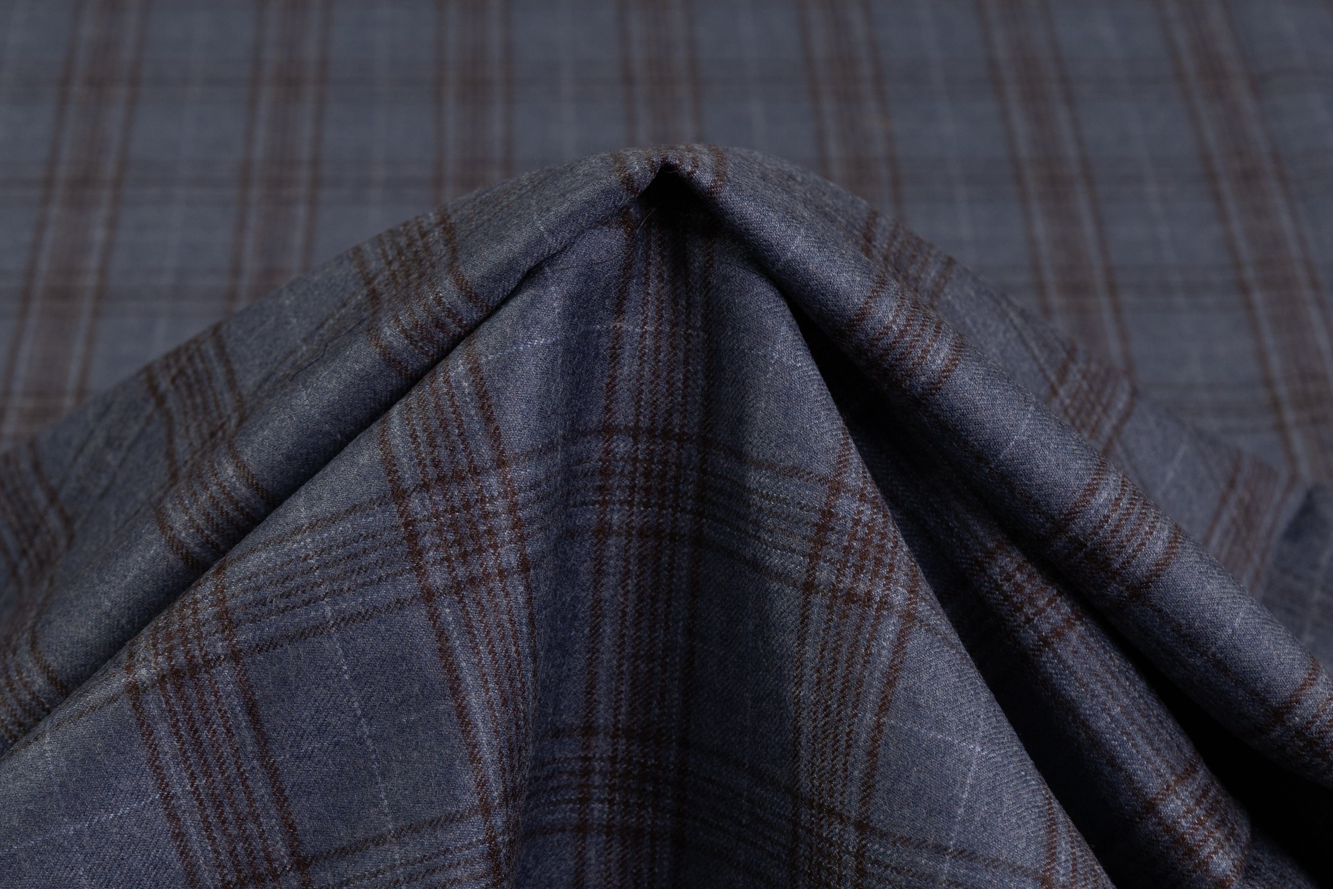 Checked Italian Super 130s Wool Flannel - Slate Blue / Brown