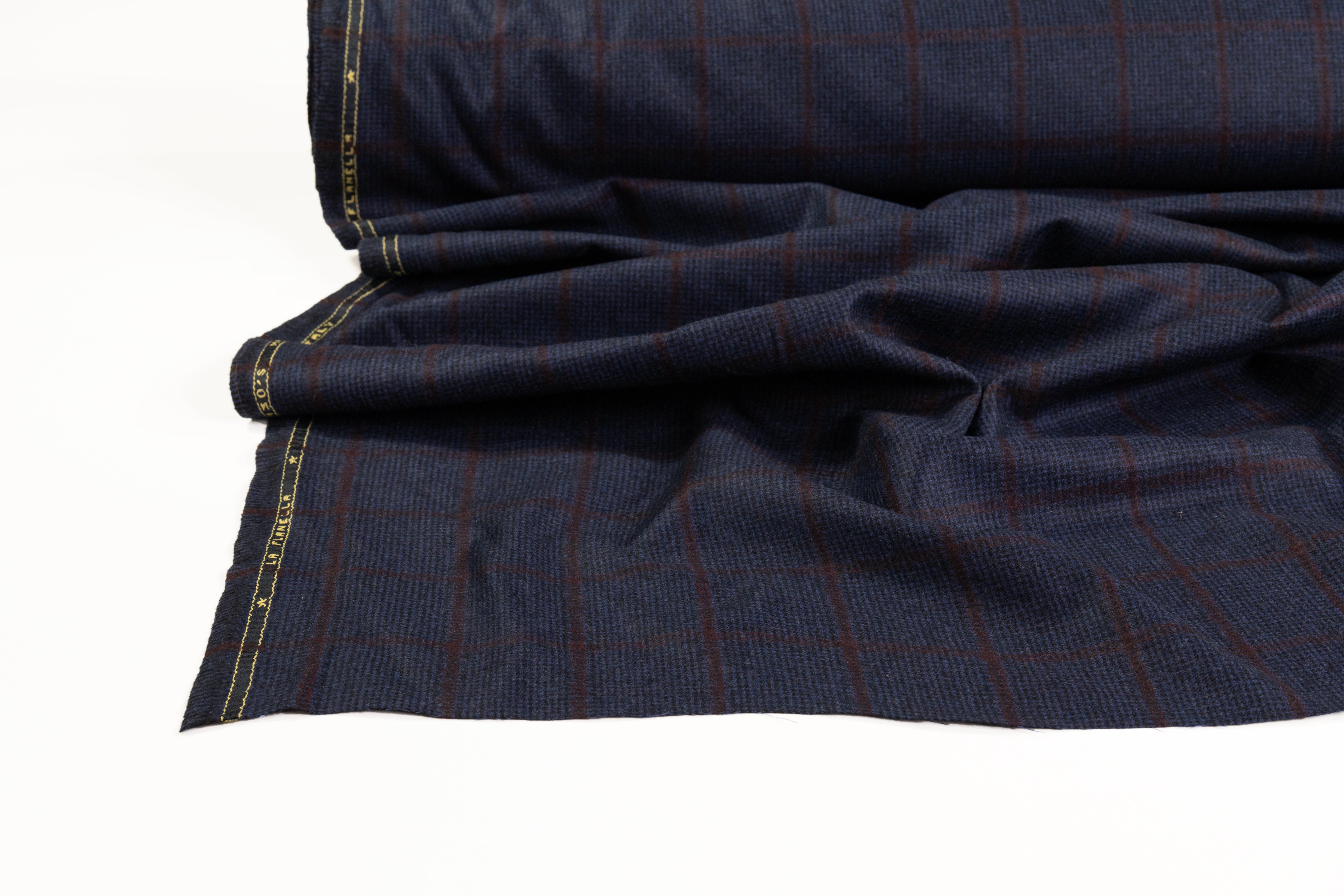 Checked Italian Super 130s Wool Flannel - Blue / Burgundy