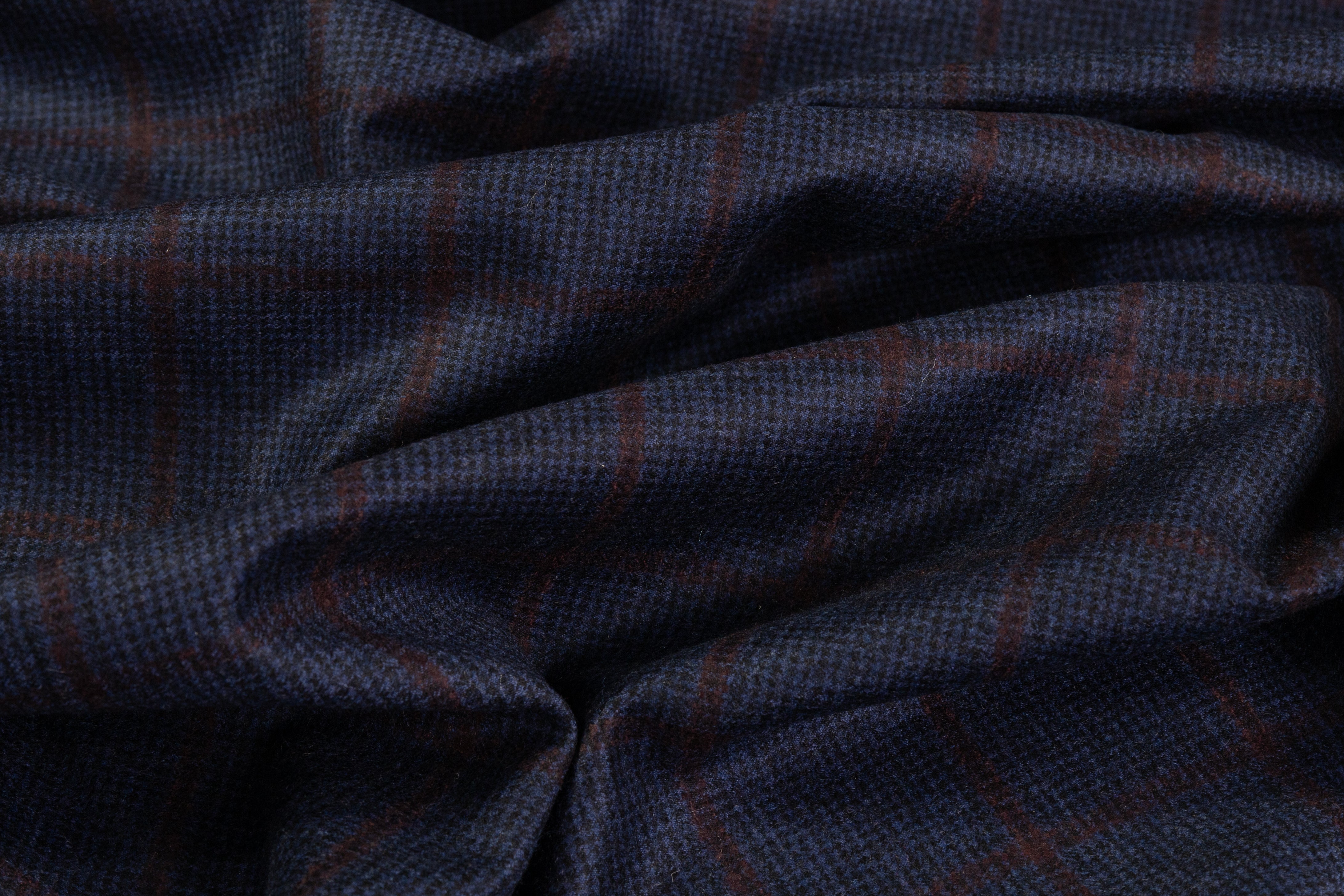 Checked Italian Super 130s Wool Flannel - Blue / Burgundy