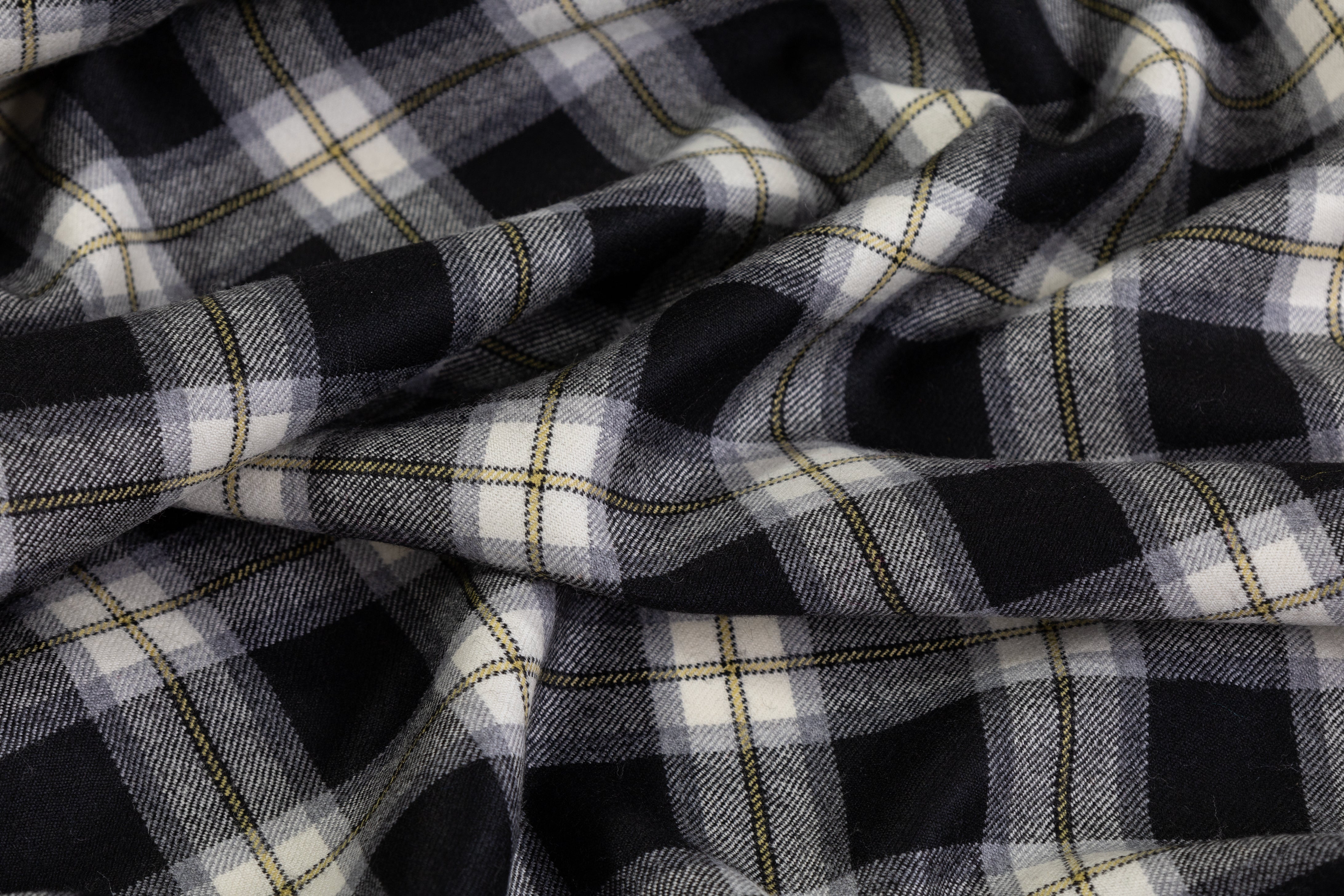 Checked Italian Wool Flannel Suiting - Black / Yellow / White