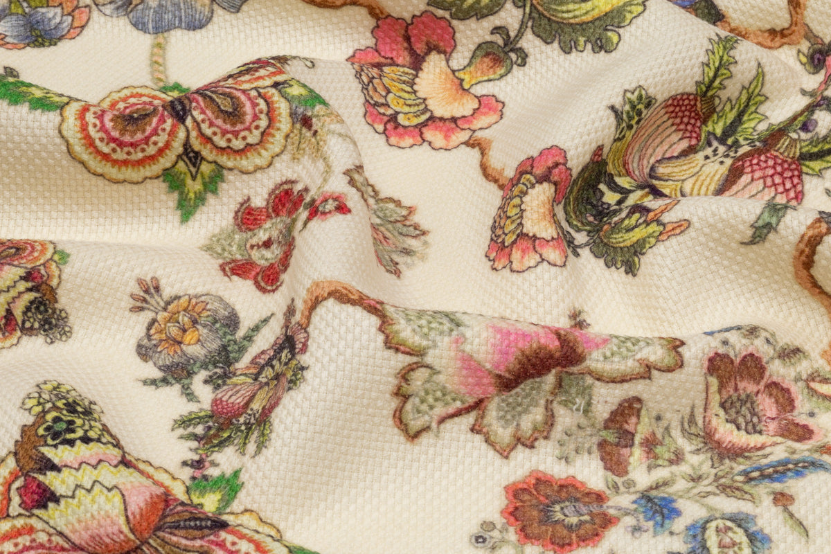 Floral Printed Italian Wool Tweed - Ivory / Multicolor