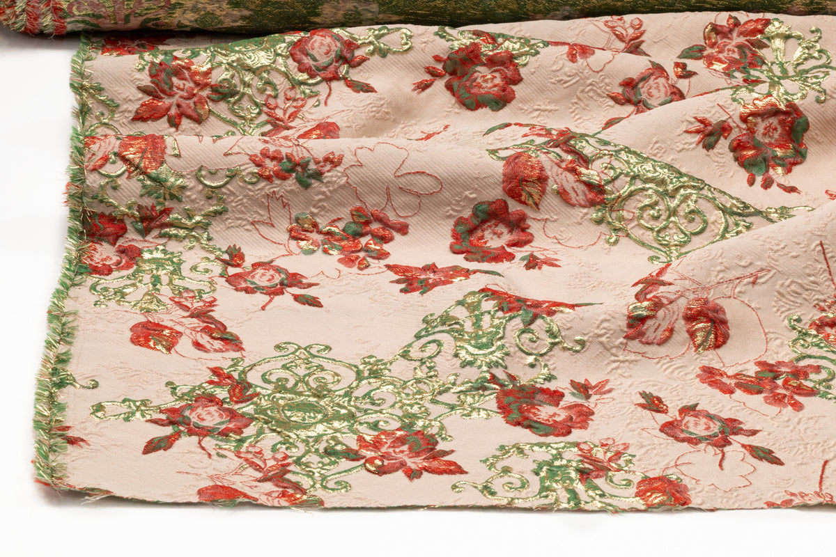Floral Metallic Italian Silk Blend Cloqué Brocade - Blush / Red / Green