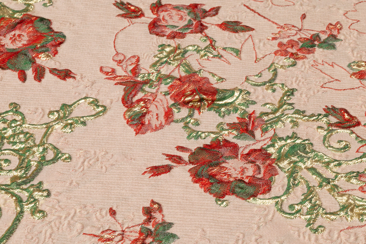 Floral Metallic Italian Silk Blend Cloqué Brocade - Blush / Red / Green