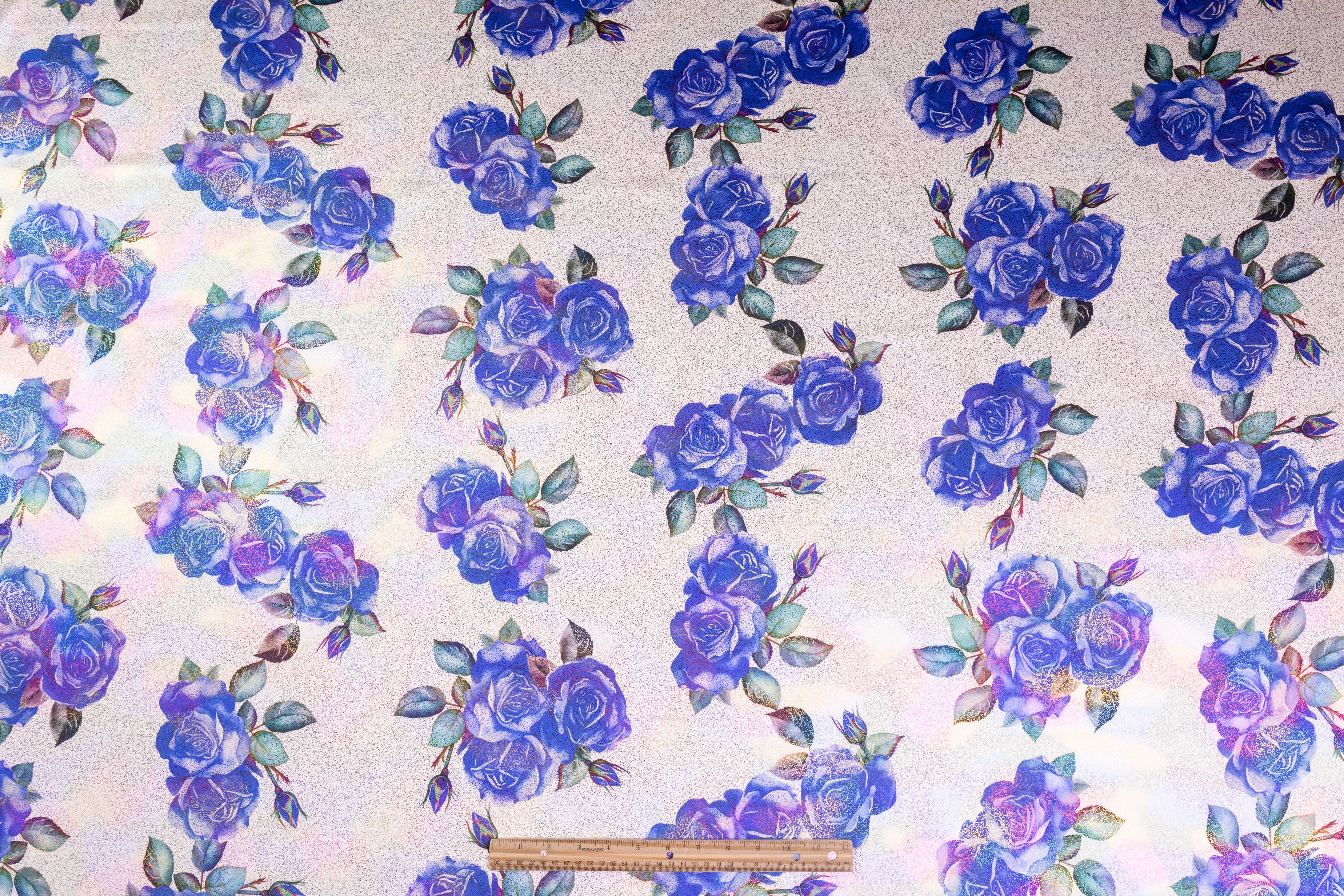 Floral Laminated Italian Silk Charmeuse - White / Blue / Multicolor