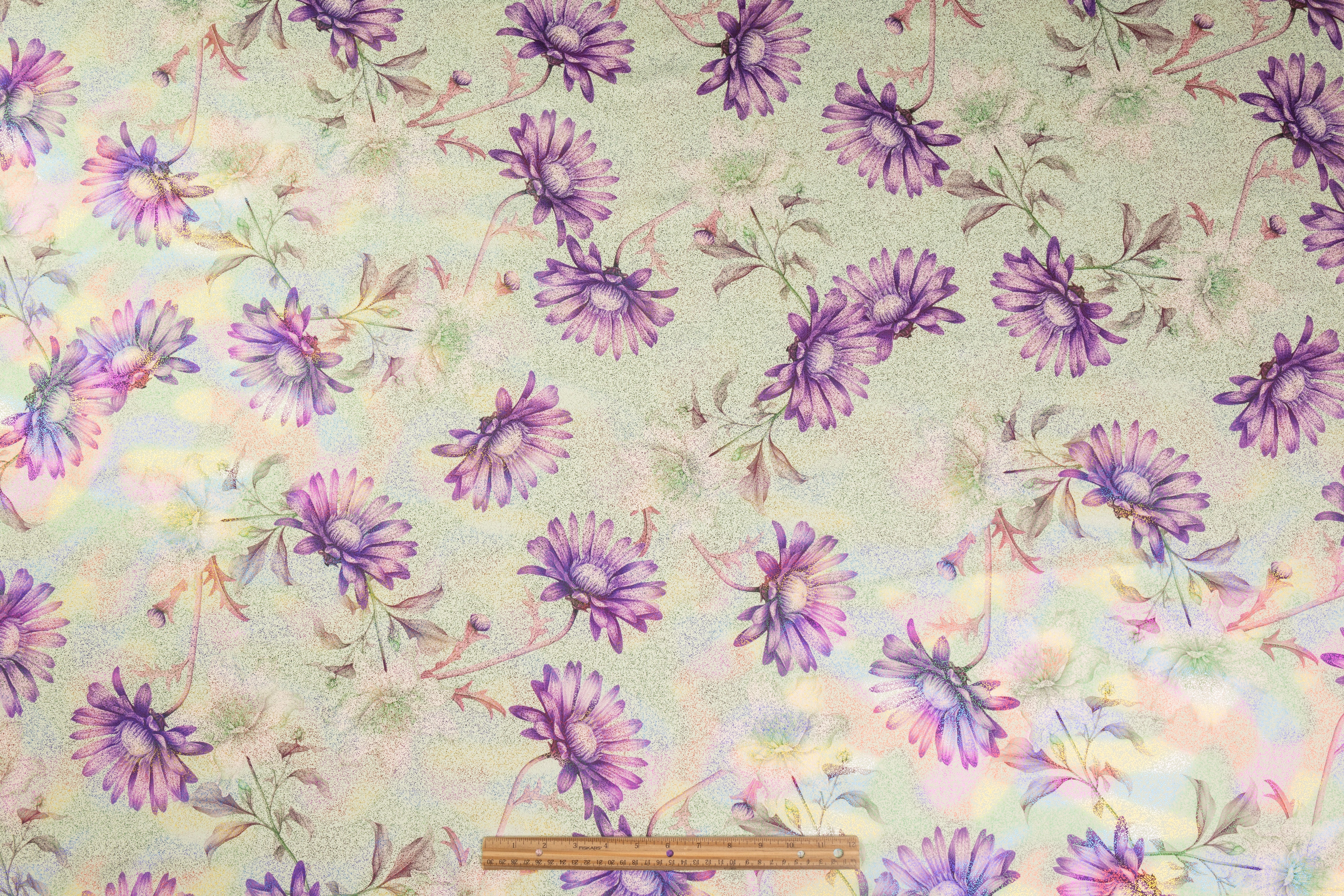 Floral Laminated Italian Silk Charmeuse - Green / Lavender