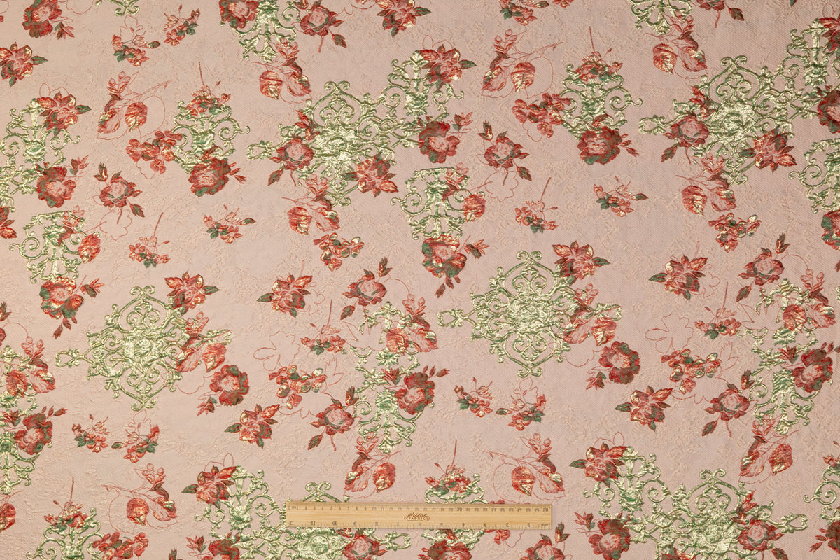 Floral Metallic Italian Silk Blend Cloqué Brocade - Blush / Red / Green