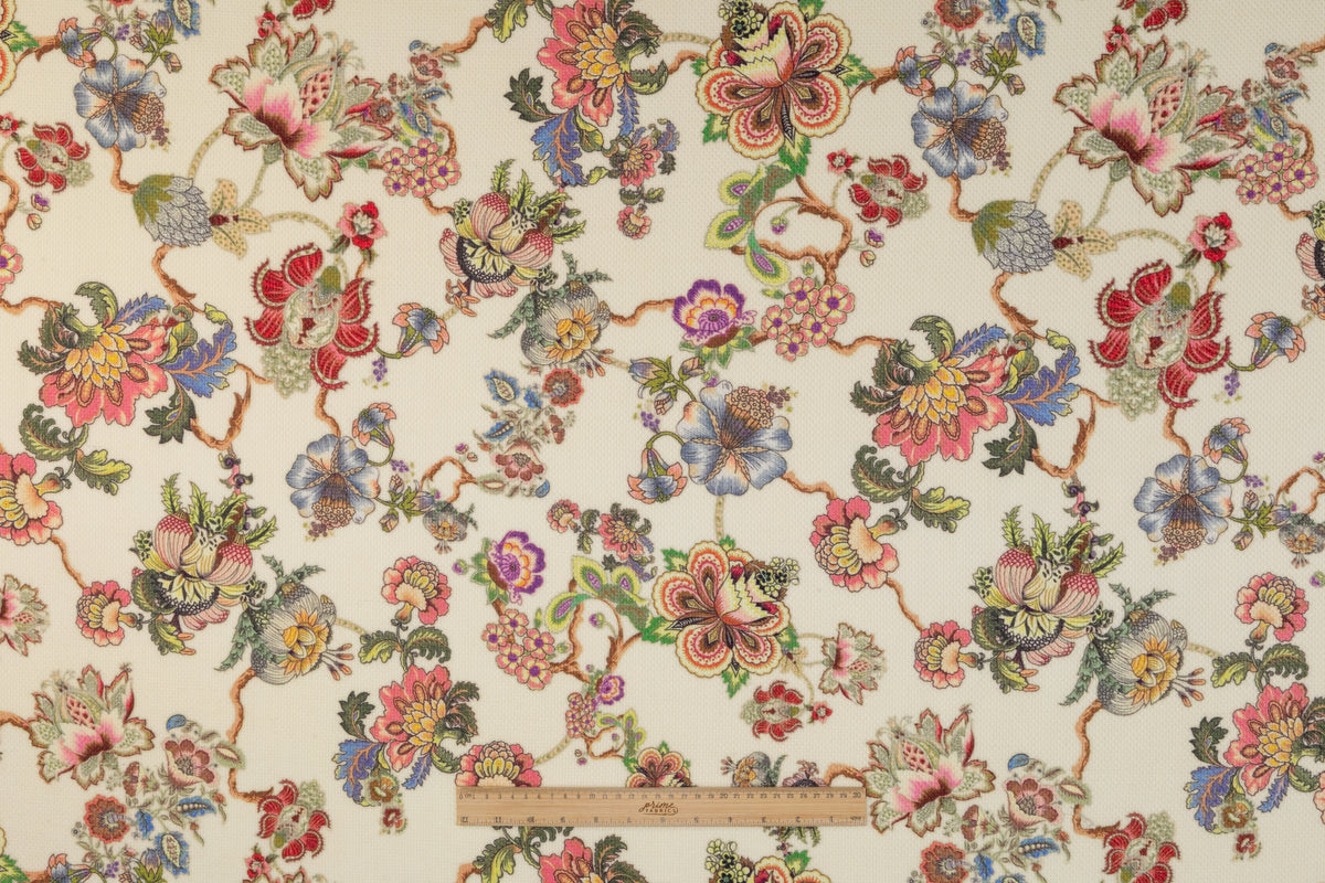 Floral Printed Italian Wool Tweed - Ivory / Multicolor