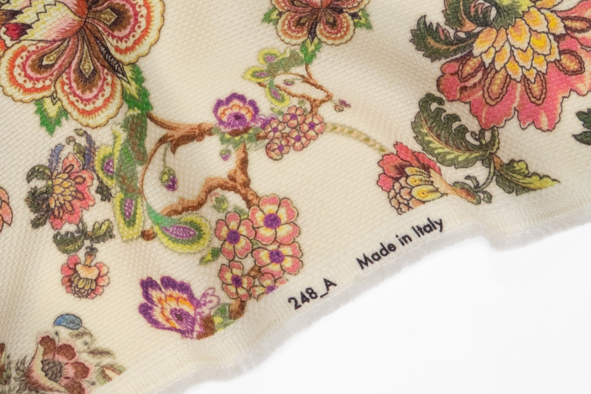 Floral Printed Italian Wool Tweed - Ivory / Multicolor
