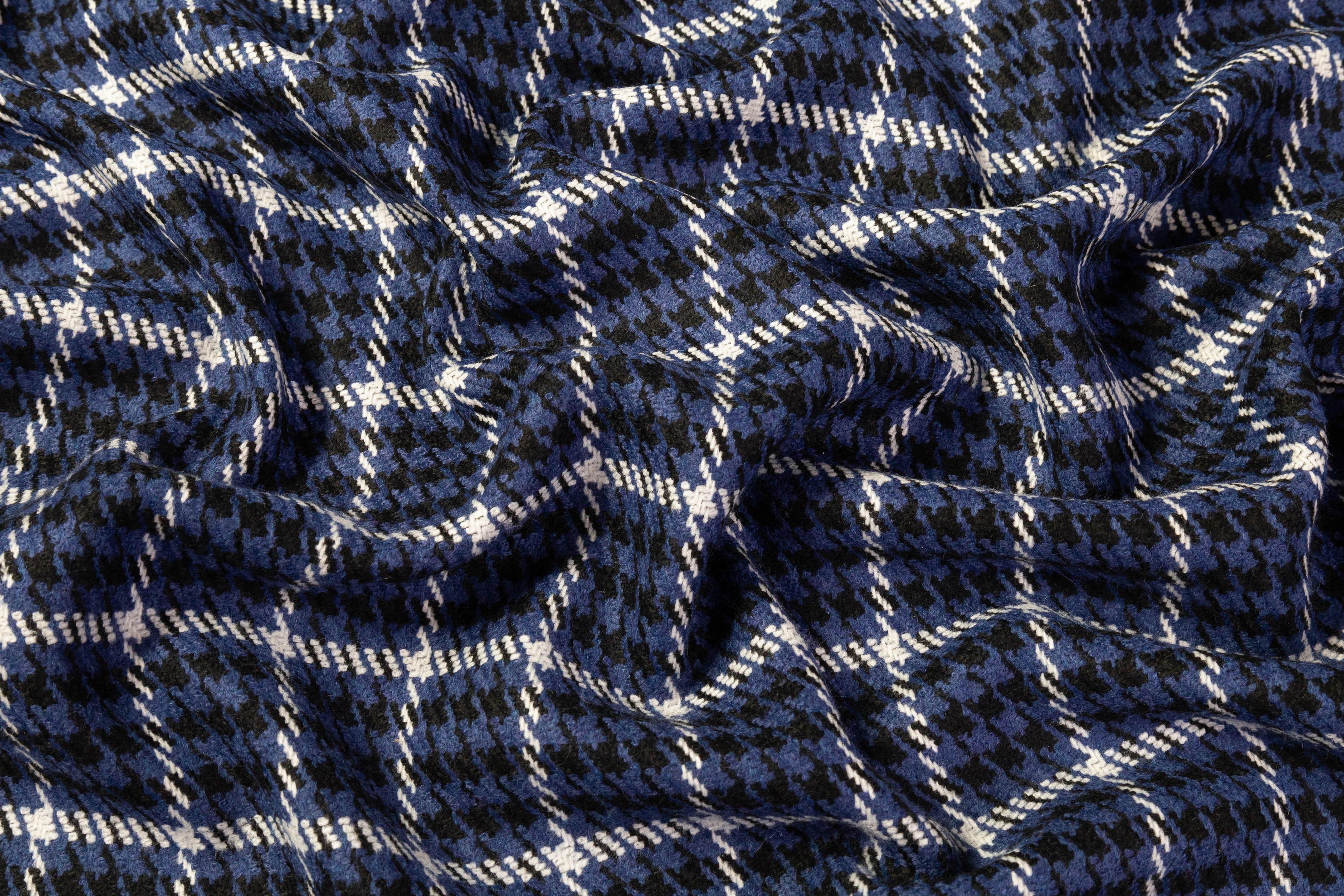 Houndstooth Checked Italian Wool Blend - Blue / Black / White