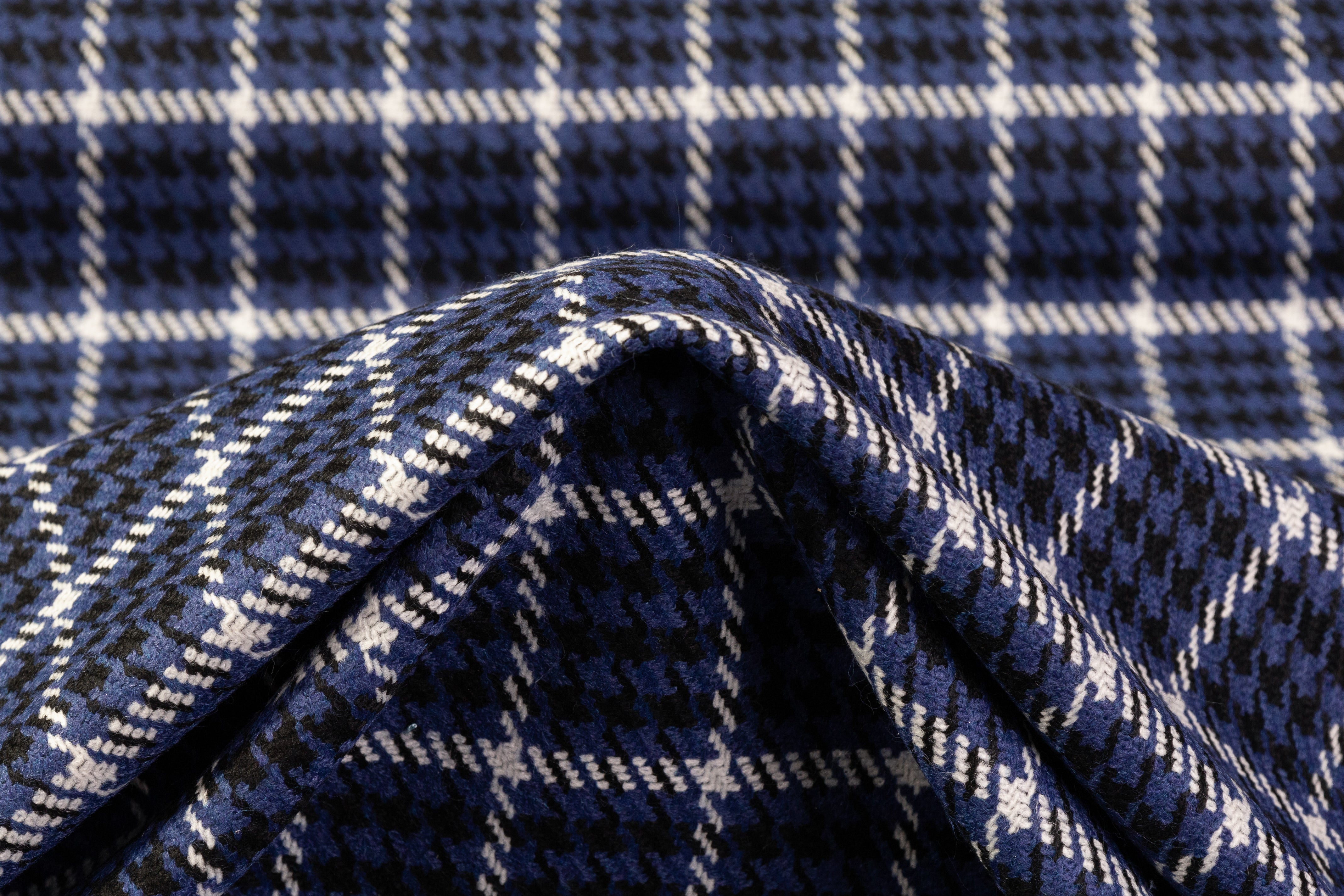 Houndstooth Checked Italian Wool Blend - Blue / Black / White