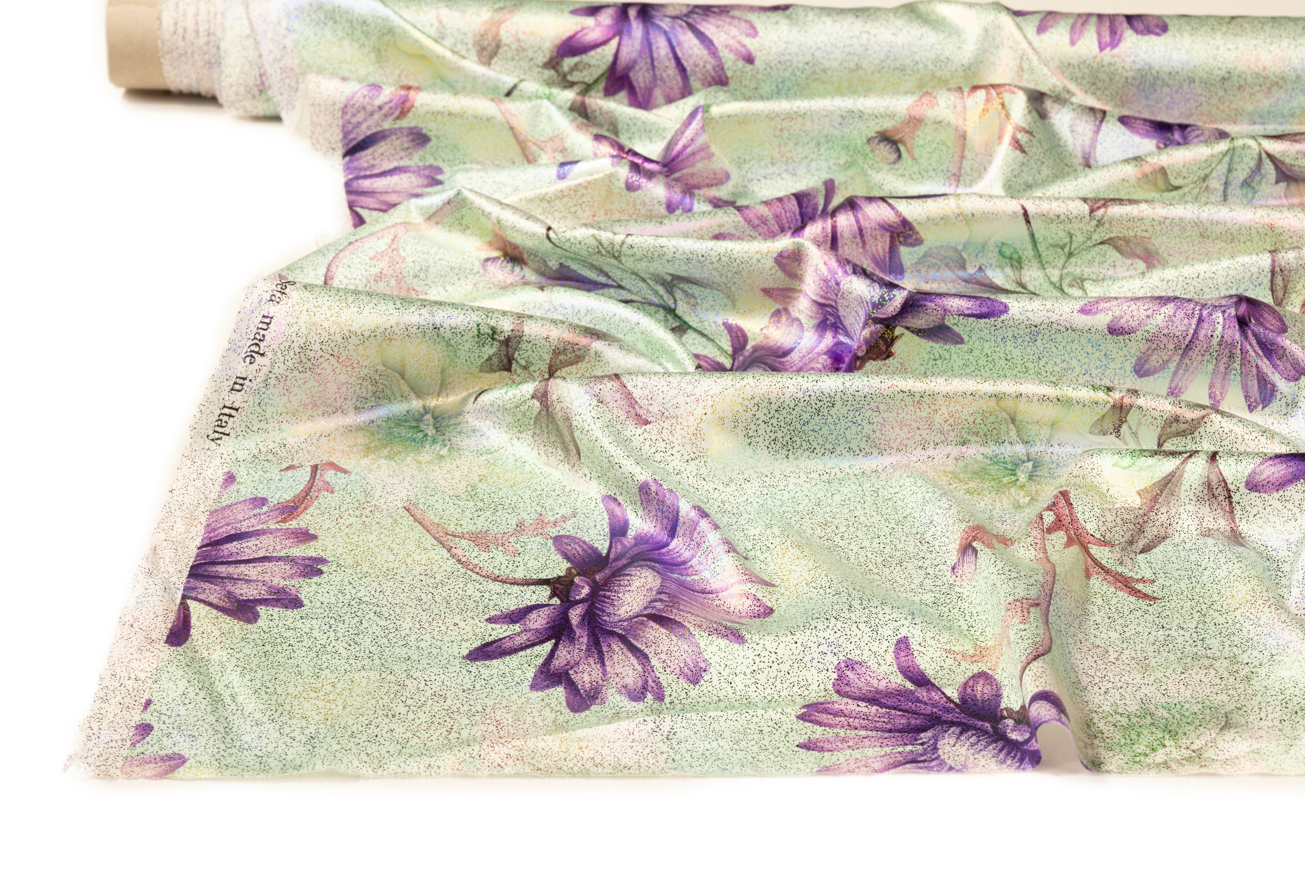 Floral Laminated Italian Silk Charmeuse - Green / Lavender