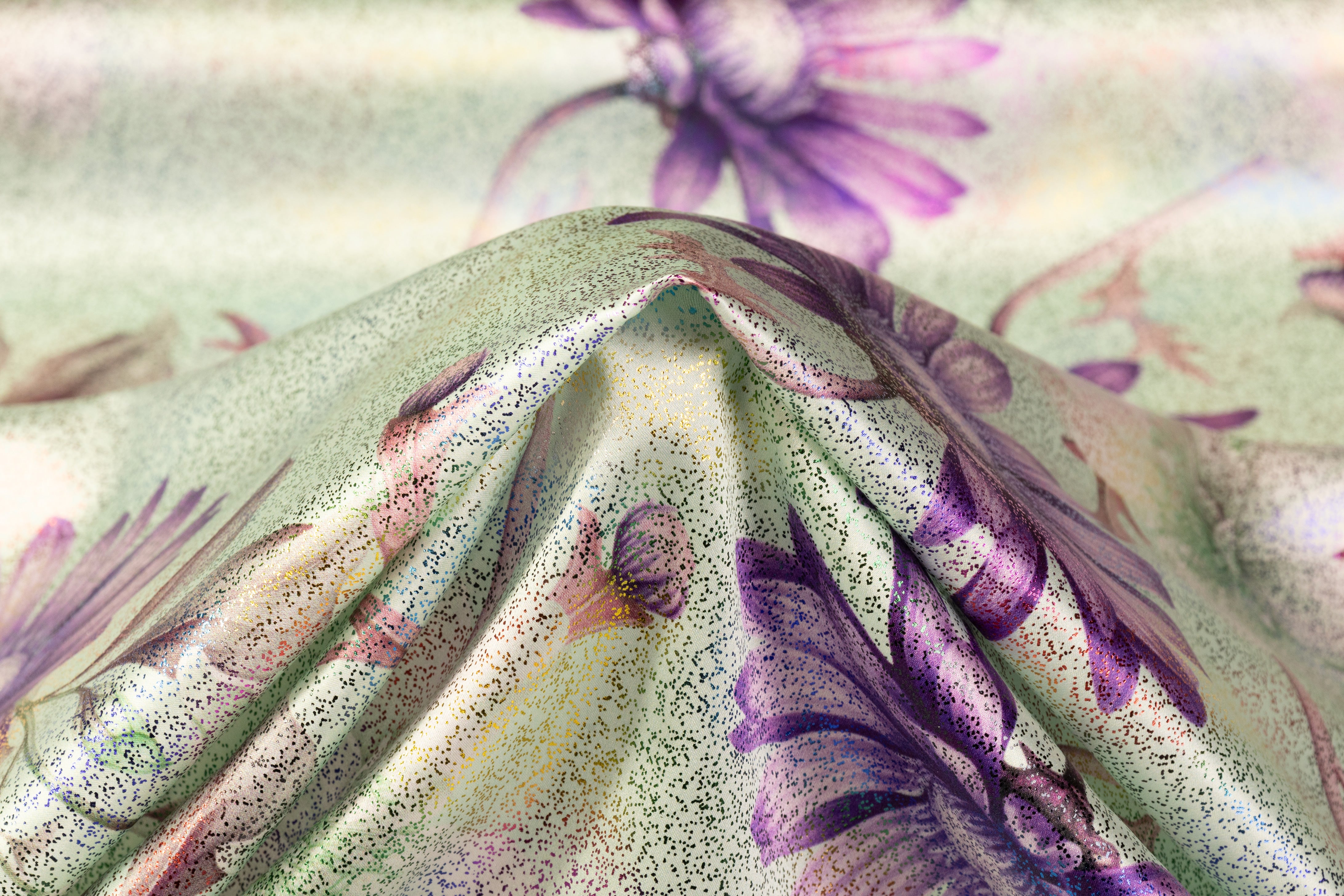 Floral Laminated Italian Silk Charmeuse - Green / Lavender