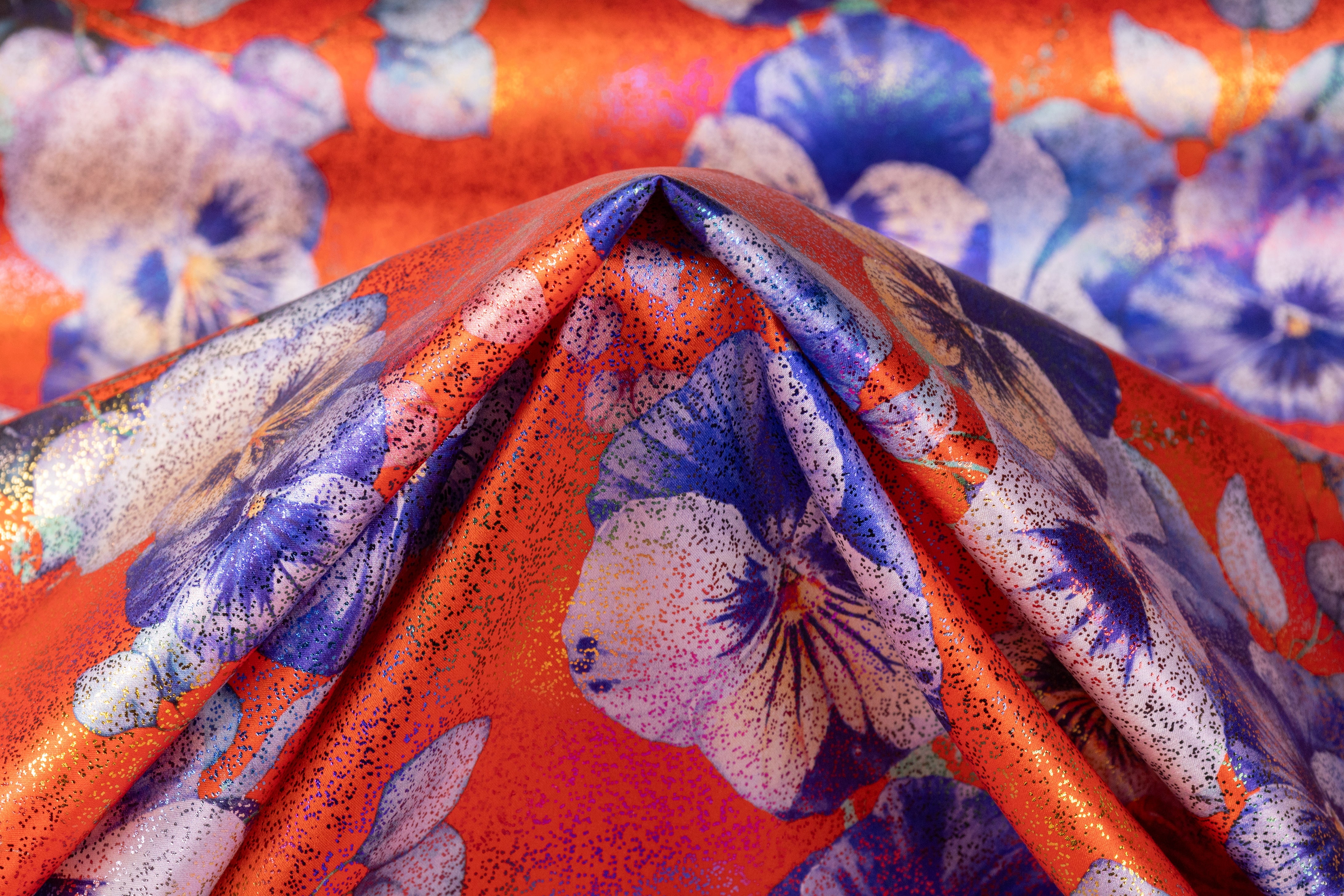 Floral Laminated Italian Silk Charmeuse - Orange / Blue / Multicolor