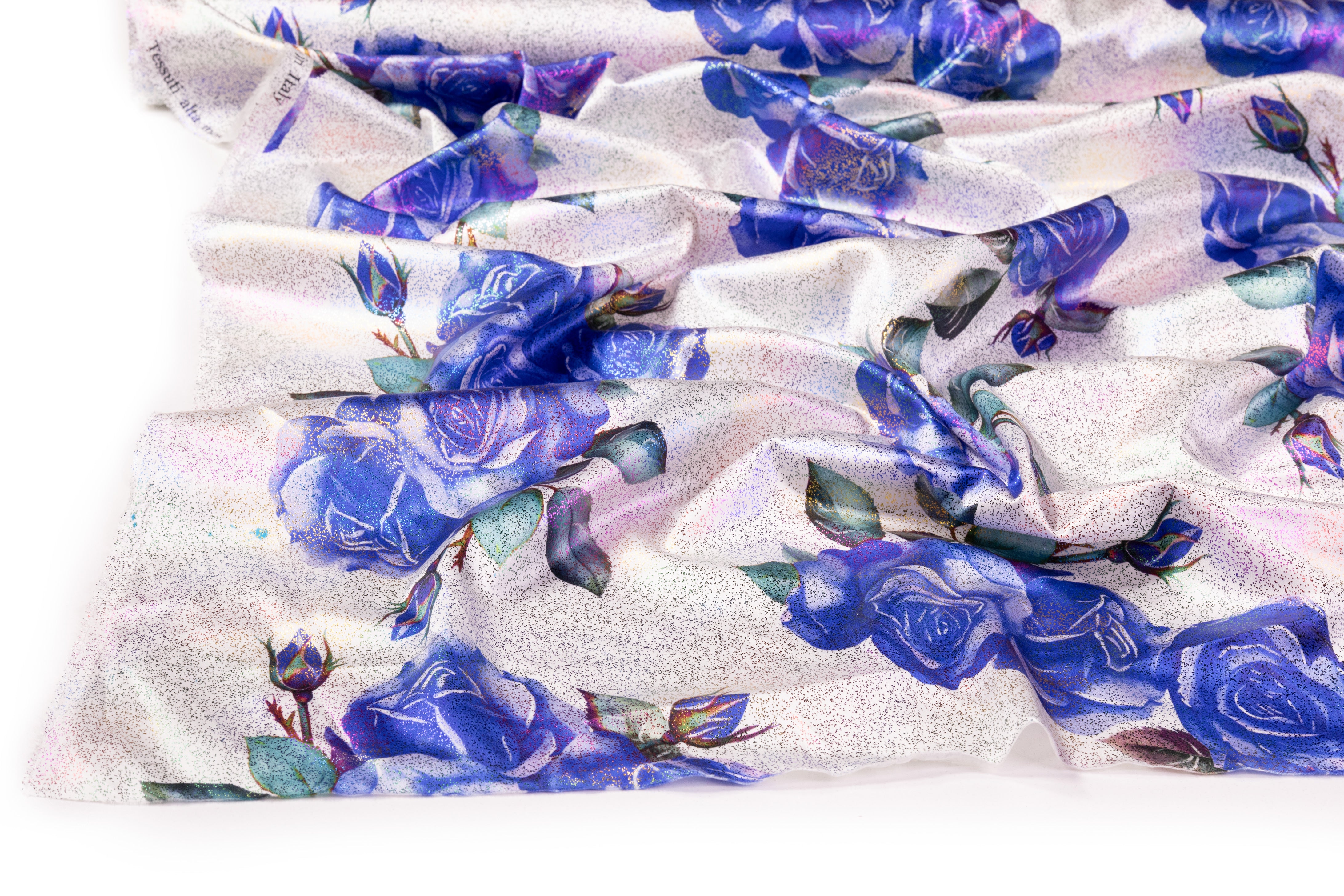 Floral Laminated Italian Silk Charmeuse - White / Blue / Multicolor