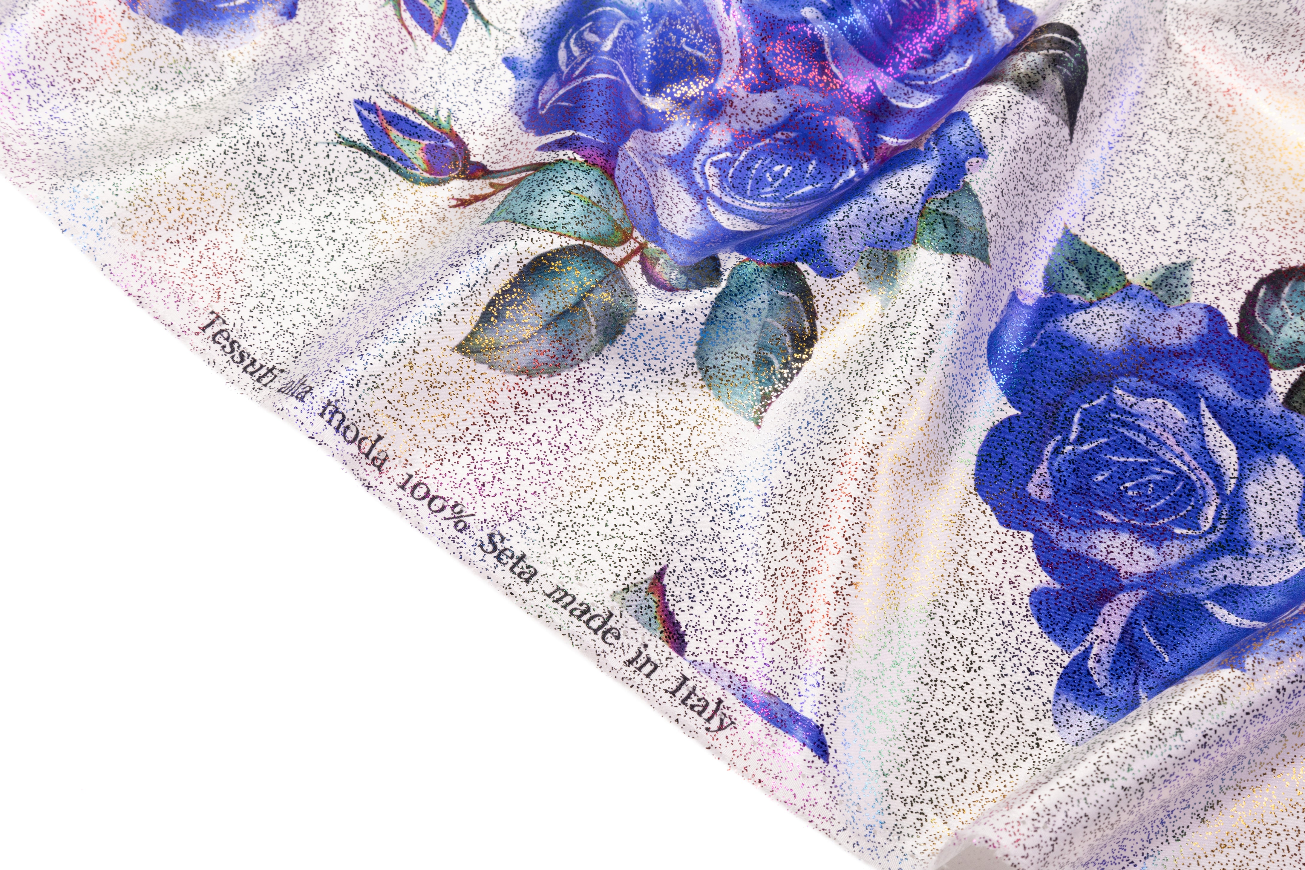 Floral Laminated Italian Silk Charmeuse - White / Blue / Multicolor