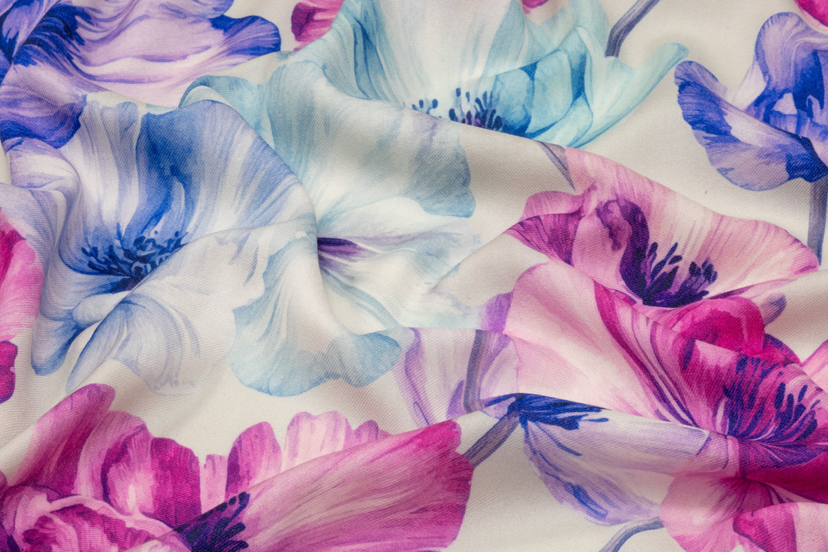 Floral Italian Silk and Wool Twill - Fuchsia / Blue