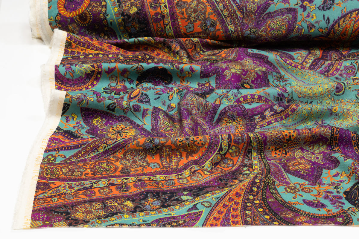 Paisley Printed Italian Silk and Wool - Violet / Orange / Turquoise
