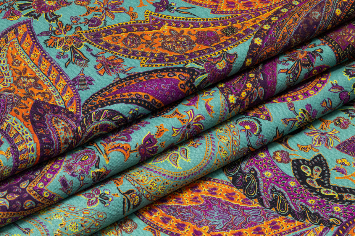 Paisley Printed Italian Silk and Wool - Violet / Orange / Turquoise