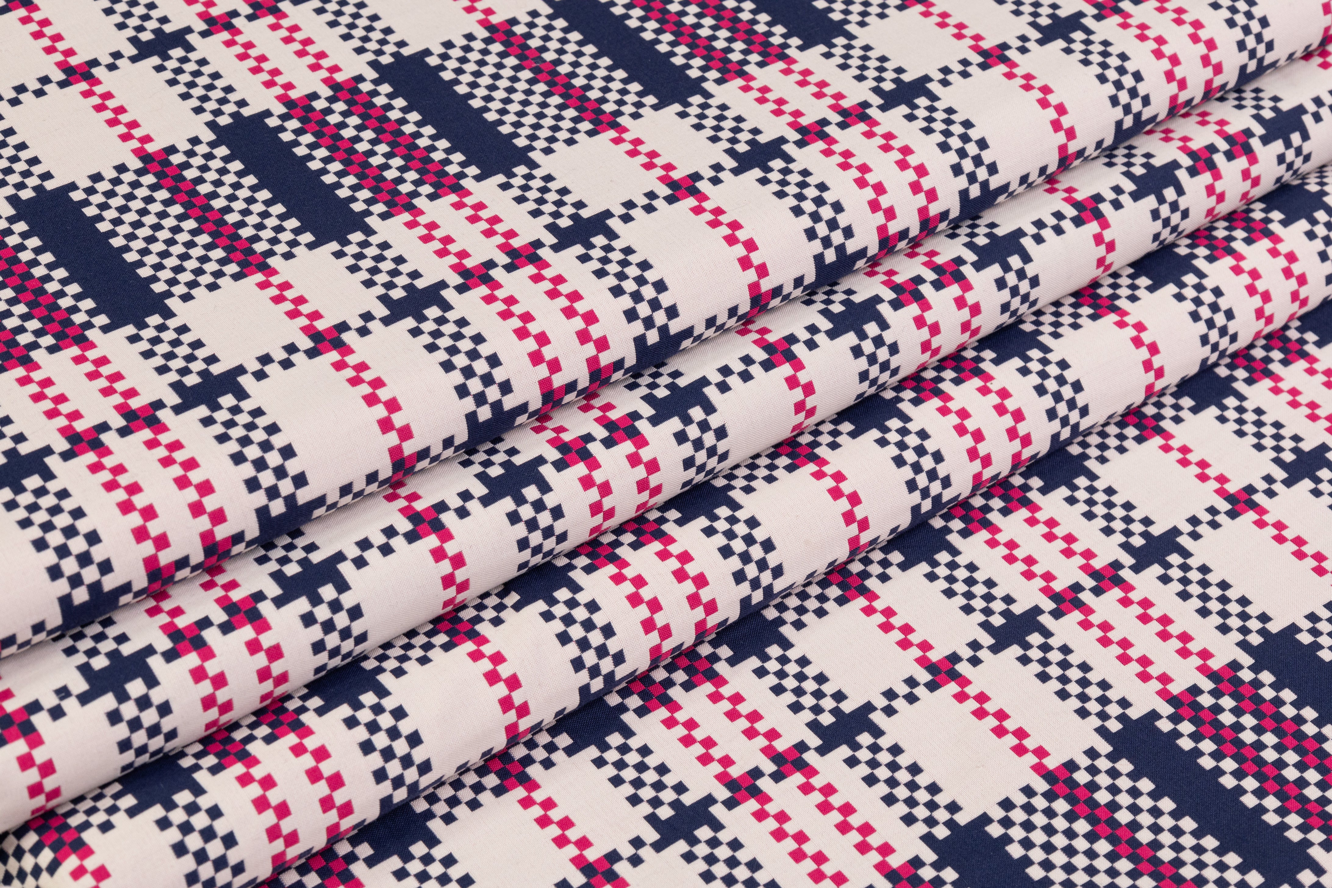 Double Faced Checked Brocade - Pink / Navy / White