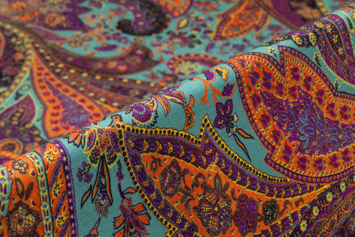 Paisley Printed Italian Silk and Wool - Violet / Orange / Turquoise